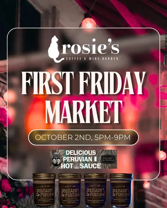 delgadosfuego's tweet photo. Who's ready to turn up the heat in the garden?

The next First Friday Market is coming up this 10/2 from 5p to 9p at @rosiescoffeeandwine

Come chill among the roses, vibe with local artists, makers, and small businesses, and stop by our booth for that authentic Peruvian rocoto kick.

See you in the garden for good energy and great finds @nodaclt

COME GET SOME FUEGO!

#weputdafuegoinfire #delgadosfuego
#PeruvianHotSauce #rocoto