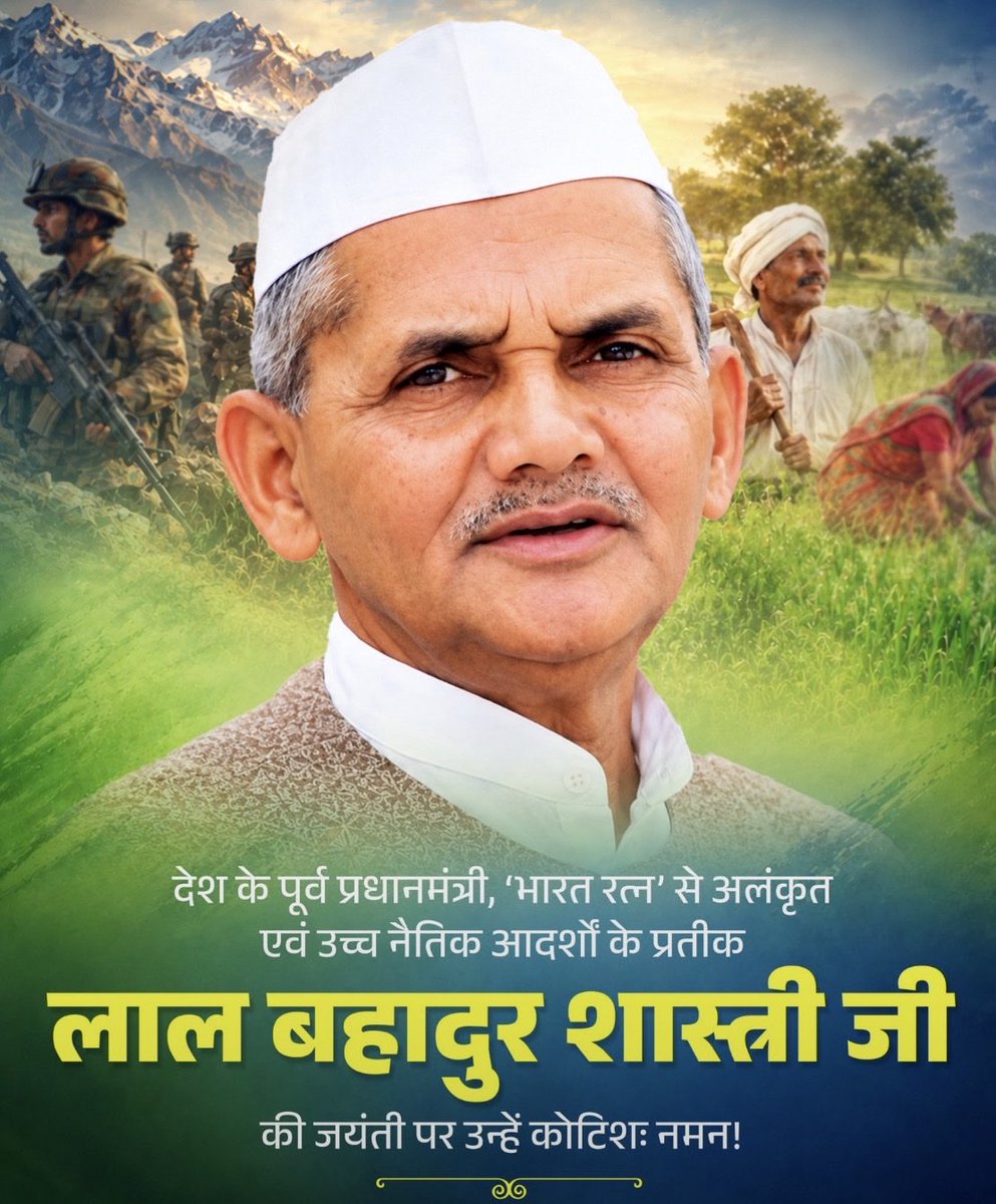 PRADEEP10077134's tweet photo. “जय जवान, जय किसान” 
इस अमर मंत्र से देश के जन-जन को नई दिशा देने वाले पूर्व प्रधानमंत्री लाल बहादुर शास्त्री जी की जयंती पर शत-शत नमन!

सादगी, ईमानदारी और राष्ट्रसेवा का यह व्यक्तित्व सभी के लिए सदैव प्रेरणास्रोत रहेगा! https://t.co/LPIc3U49p0