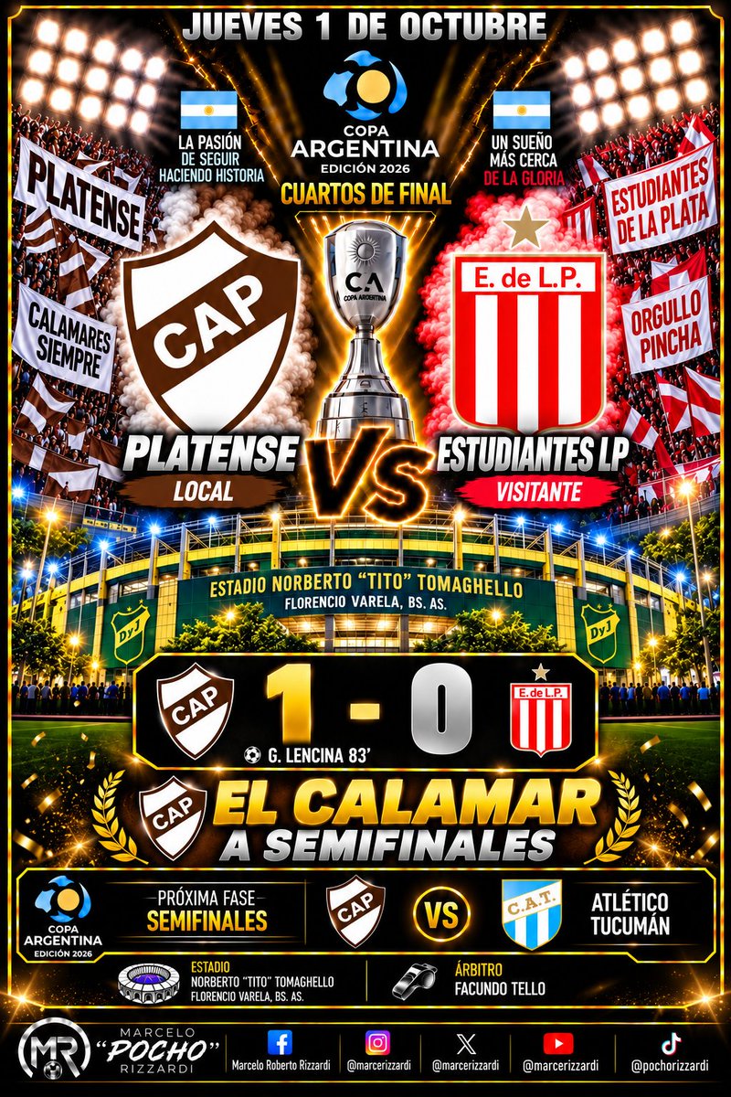 marcerizzardi's tweet photo. CUARTOS DE FINAL @Copa_Argentina 🇦🇷 2️⃣0️⃣2️⃣6️⃣ desde Varela salió el último semifinalista y el rival del #Decano , el #Calamar le ganó al #Pincha por la mínima.
@caplatense 🦑 1️⃣-0️⃣ @EdelpOficial 🦁
#Platense #CopaArgentina #EstudiantesLP https://t.co/RLkkKO2dt5