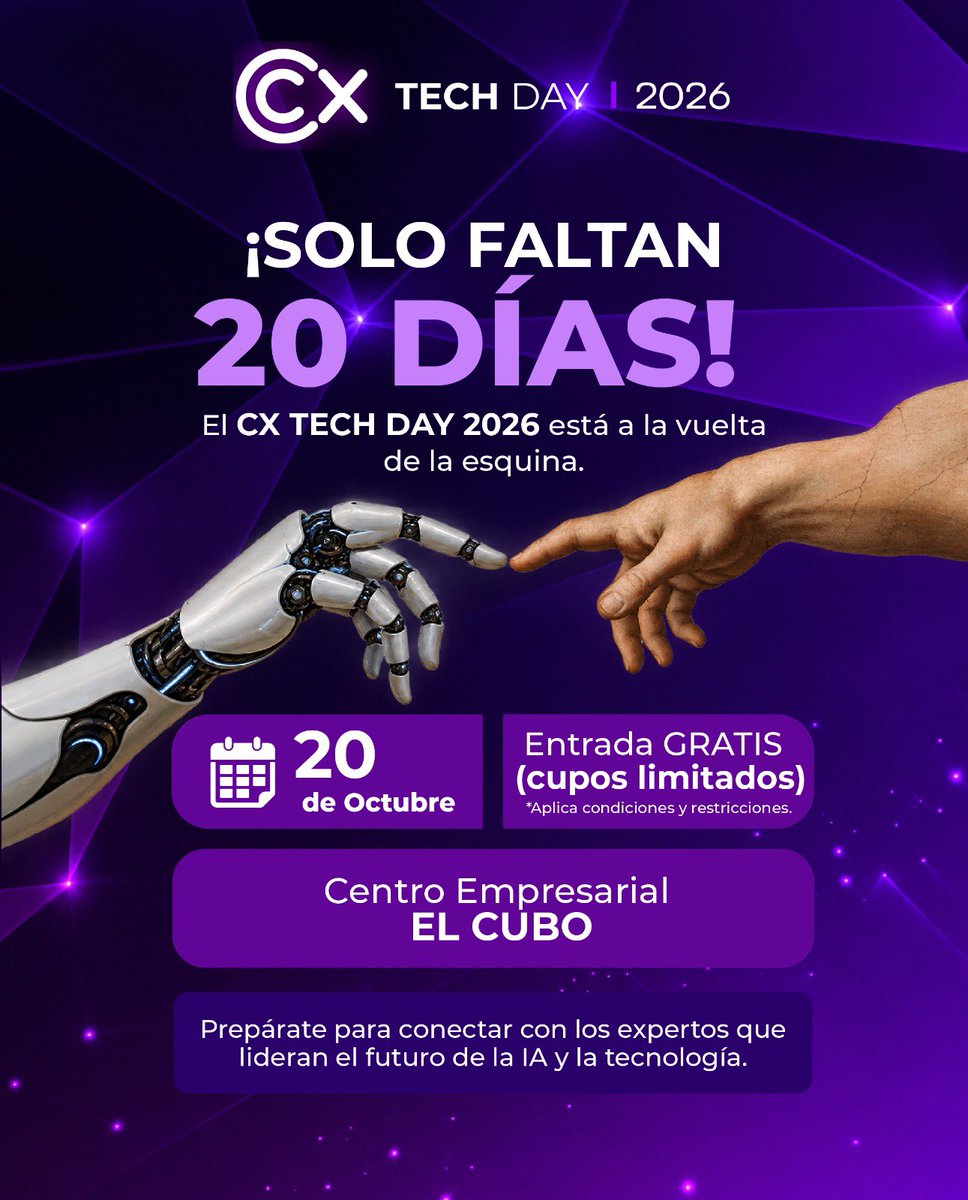 BPrO_org's tweet photo. ¡Estamos a solo 20 días del CX TECH DAY 2026!  

Acompáñanos a explorar el futuro de la IA y el Customer Experience junto a los expertos de la industria.  

🗓️ 20 de Octubre | 📍 Centro Empresarial EL CUBO
🎟️ Entrada GRATUITA (cupos limitados)  
👉 Inscríbete aquí: https://t.co/MHgFraA6Kw

@anakarinaqa