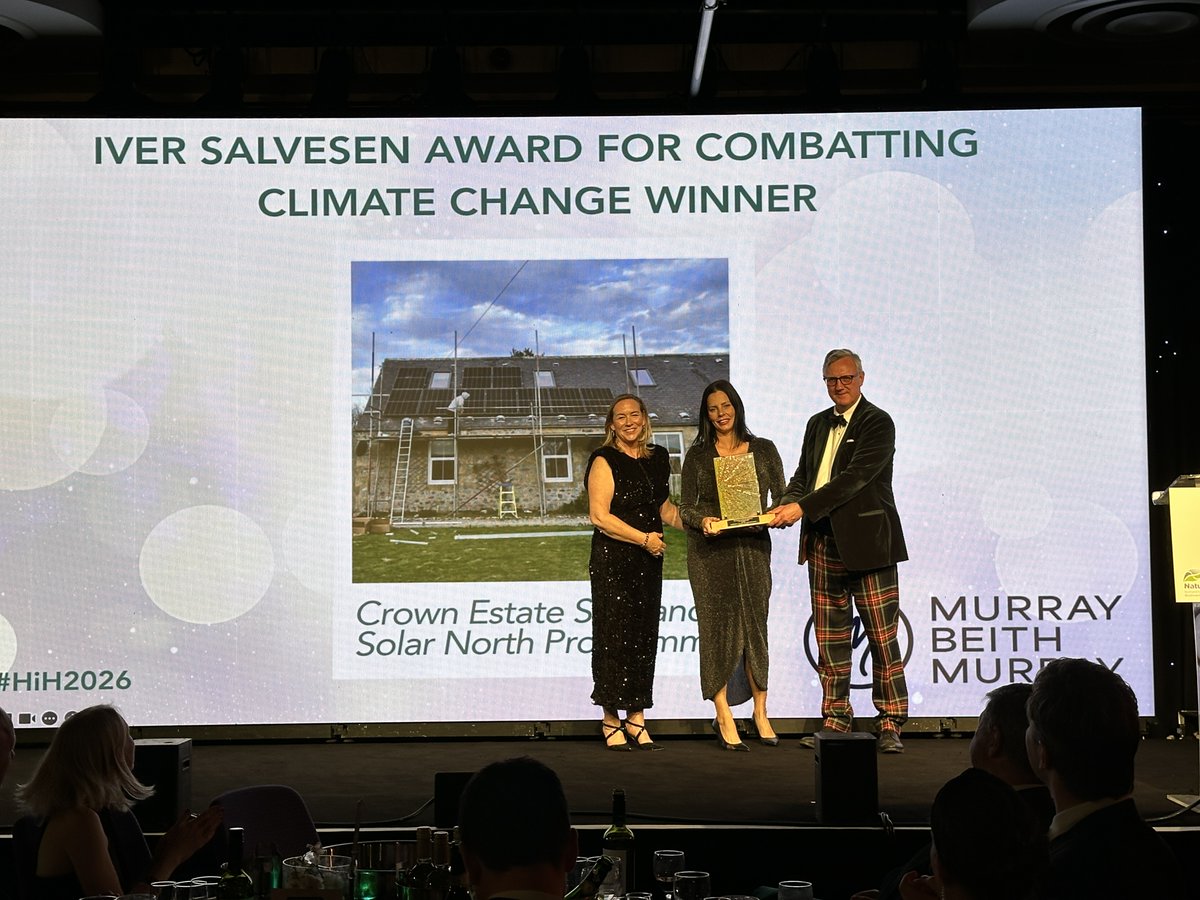 ScotLandEstates's tweet photo. Leading the way towards net zero. 🌍

@CrownEstateScot's Solar North Programme wins the Iver Salvesen Award for Combatting Climate Change at #HiH2026.

Award presented by Andrew Linehan of sponsor @murraybeith https://t.co/iy9xxB6S5N