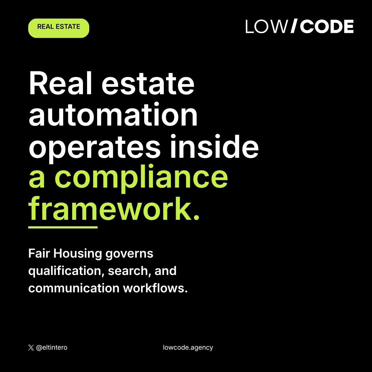 LowCodeAgency's tweet photo. Real estate workflow automation operates inside a compliance framework.

Qualification flows. Listing filters. Communication sequences.

Fair Housing governs all three. https://t.co/DLeqVHbxVE