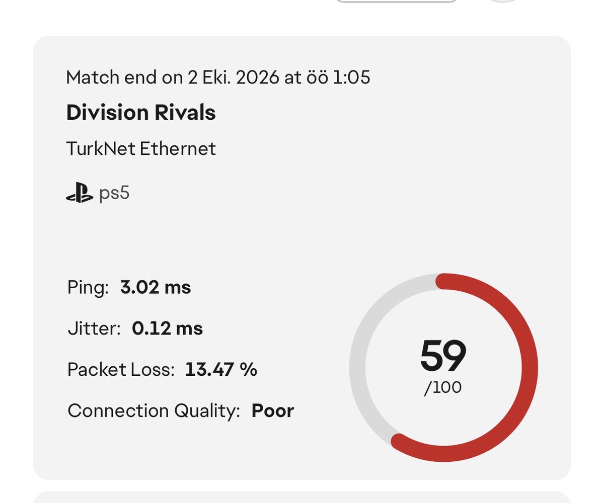 omradk's tweet photo. @Turknet @TurkNetDestek merhaba kolay gelsin fc27 oynarken, ethernet kablosuyla bağlıyım, bugün packet loss yaşamaya başladım aniden lütfen yardımcı olun https://t.co/RYXDzAcWPi