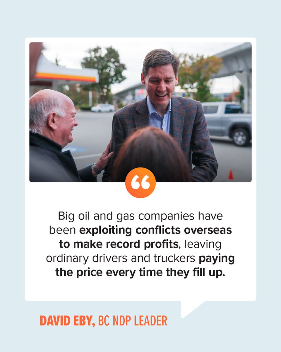 bcndp's tweet photo. Big oil used Trump's war in Iran to pad their margins at B.C. pumps.
Our plan: suspend the 10-cent-a-litre gas tax and give the BC Utilities Commission the power to stop gouging. Up to $20 back every fill-up.
The Conservative Party won't stand up to big oil.
David Eby and the BC NDP will.