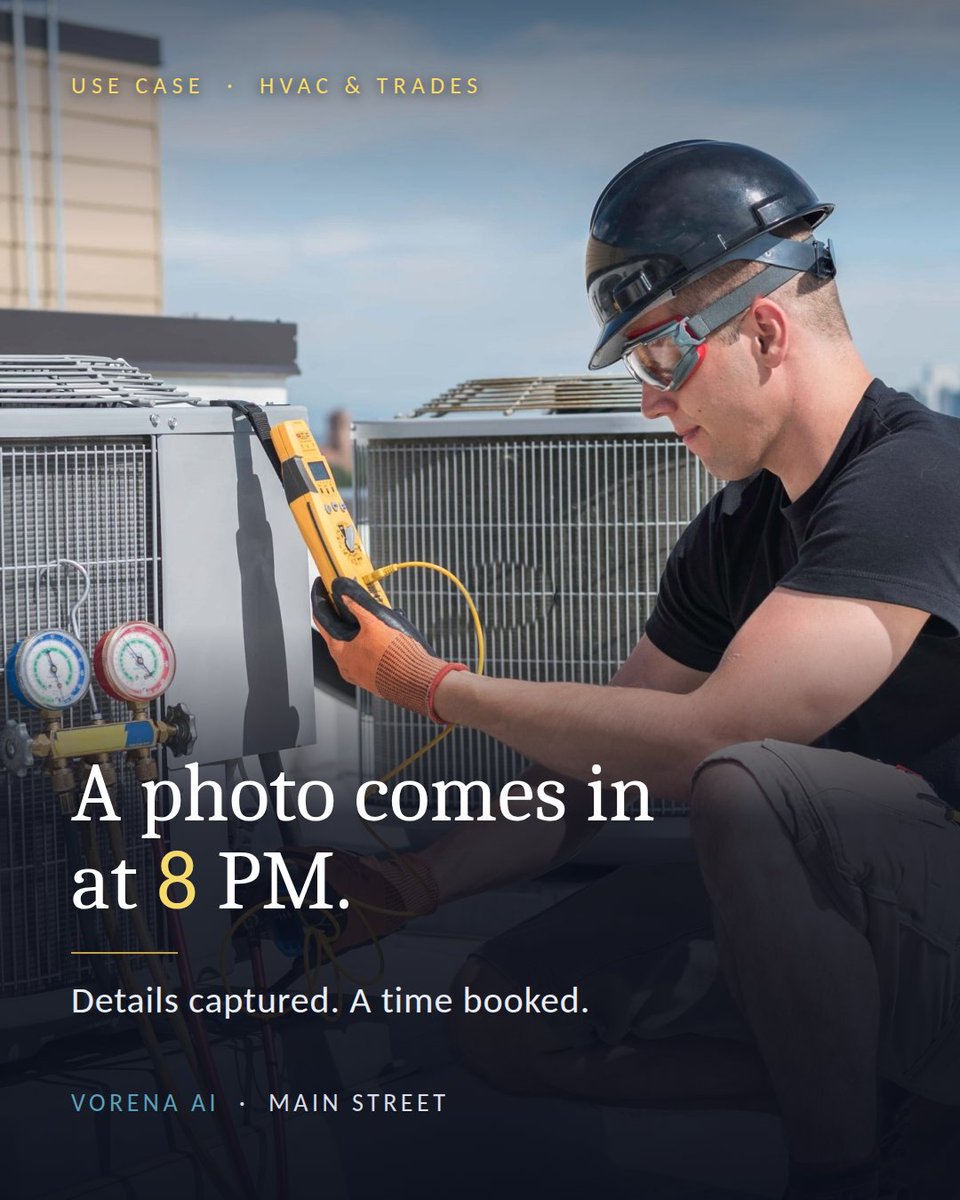 VorenaAI's tweet photo. An HVAC customer sends a photo of their unit at 8 PM. With Vorena's Main Street: photo in, details captured, time booked. What happens in your shop? https://t.co/d2QBbpXRgn