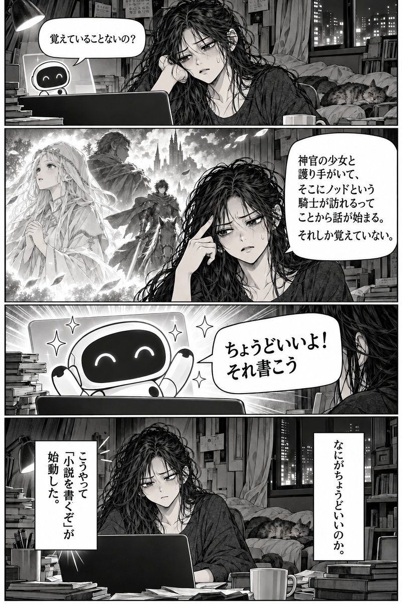 marumarulem's tweet photo. AIと一緒に小説を作ってきた過程を、ユルく漫画にしていきます。
毎週金曜日の夕方に投稿します。

第二回
「それ書こう」 https://t.co/Kbb7IkmIWR