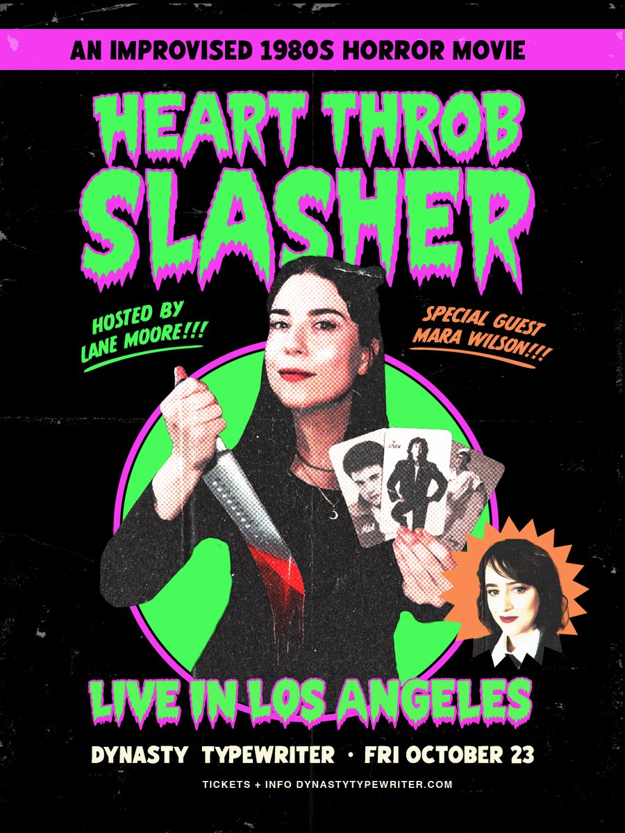 hellolanemoore's tweet photo. Los Angeles pals! HEARTTHROB SLASHER is coming to LA with me + 🌹MARA WILSON🌹playing a 1980s board game full of hunks, then we improvise a horror movie where they all perish.🧛‍♀️  Tickets on sale now, go get em! This show is gonna be SO FUN for Halloween!🎃 https://t.co/8hvwdvvsRf https://t.co/rcIeAKowFT