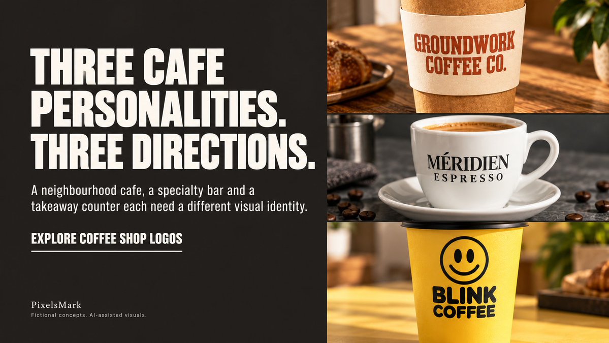 PixelsMark's tweet photo. Three cafe personalities, three brand directions. A neighbourhood cafe, a specialty bar and a takeaway counter need different visual identities. Fictional concepts. AI-assisted visuals.

Coffee shop logo directions: https://t.co/UEBgJ9J2a6

#CafeBranding #CoffeeShopLogo https://t.co/dDmYn3NzJr