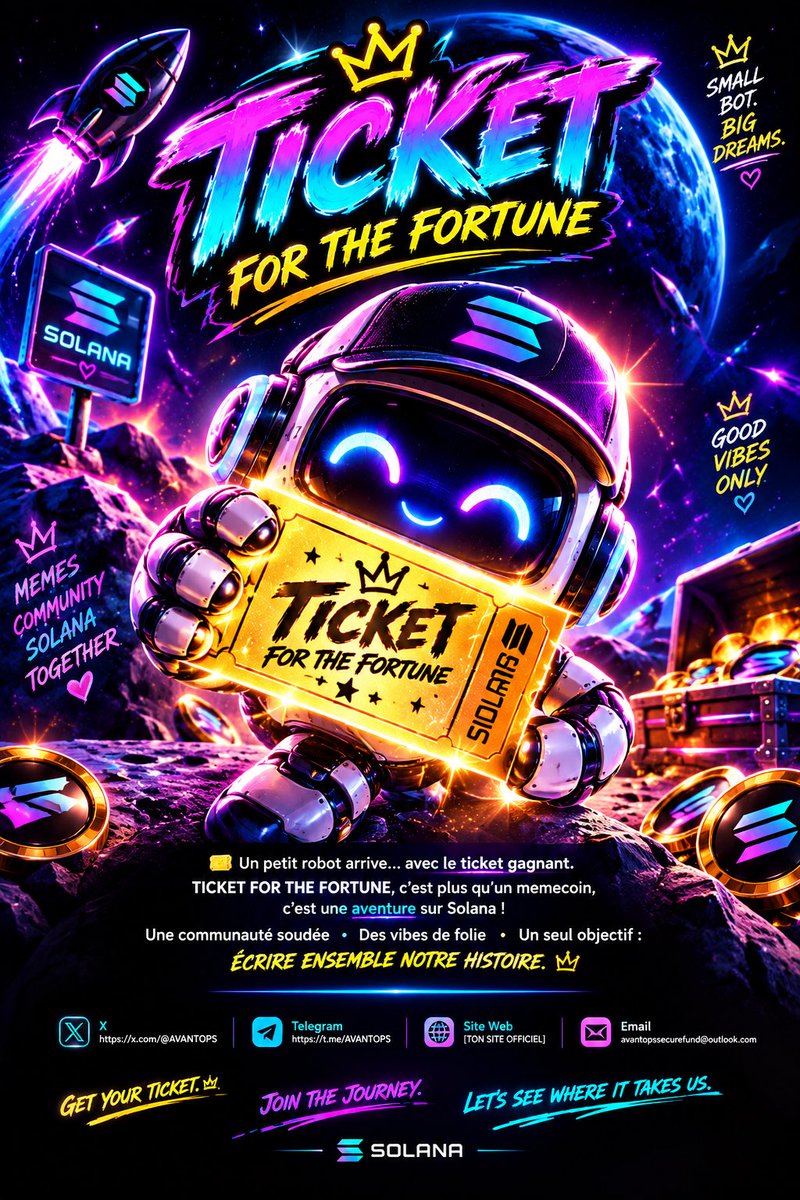 AVANTOPS's tweet photo. 🎟️🤖 A LITTLE ROBOT HAS ARRIVED… WITH THE WINNING TICKET. ✨

He came from somewhere far away, and he brought only one thing with him…

🎟️ THE TICKET FOR THE FORTUNE 🎟️

One little robot.
One mysterious ticket.
One adventure beginning on Solana. 🚀🌌

TICKET is a memecoin built around a simple idea: turn a tiny character into a big community. 💜

🤖 Cute
🎟️ Mysterious
🚀 Solana
💎 Memes & community

The ticket is in his hands…

Now the question is: who’s coming along for the ride? 🥹🫶

🎟️ GET YOUR TICKET.
🤖 JOIN THE JOURNEY.
🌌 LET’S WRITE THE STORY TOGETHER.

🌐 X:
💬 Telegram: https://t.co/JAbQk9lXgT
🌐 Website: [YOUR WEBSITE]
📧 Email: avantopssecurefund@outlook.com https://t.co/AIQ3RvK7cz