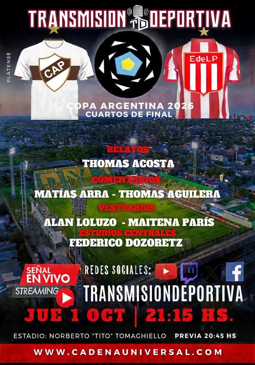 TransmisionDep1's tweet photo. #CopaArgentina | #4TosdeFinal

HOY JUEVES DE COPA

#Platense 🆚️ #EDLP

Previa 20.45
Partido 21.15 

🎙️ Relator: @Thomy_it
🗣️ Comentaristas: @arra_mati - Thomas Aguilera
⚪🟤 Platense: @AlanLoluzo
🔴⚪ Estudiantes: @Maaitenaparis
💻Estudios Centrales: @DozoretzFede https://t.co/VP5d7qzXas