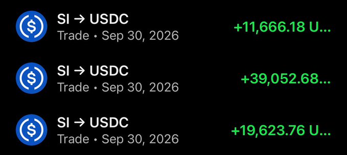 The image shows three SI to USDC trade entries dated Sep 30, 2026, with gains of approximately +$11,666, +$39,052, and +$19,623 displayed in green. This serves as proof of an Asian trader's impressive winning streak, supporting the post's claim about their exceptional and consistent trading performance.