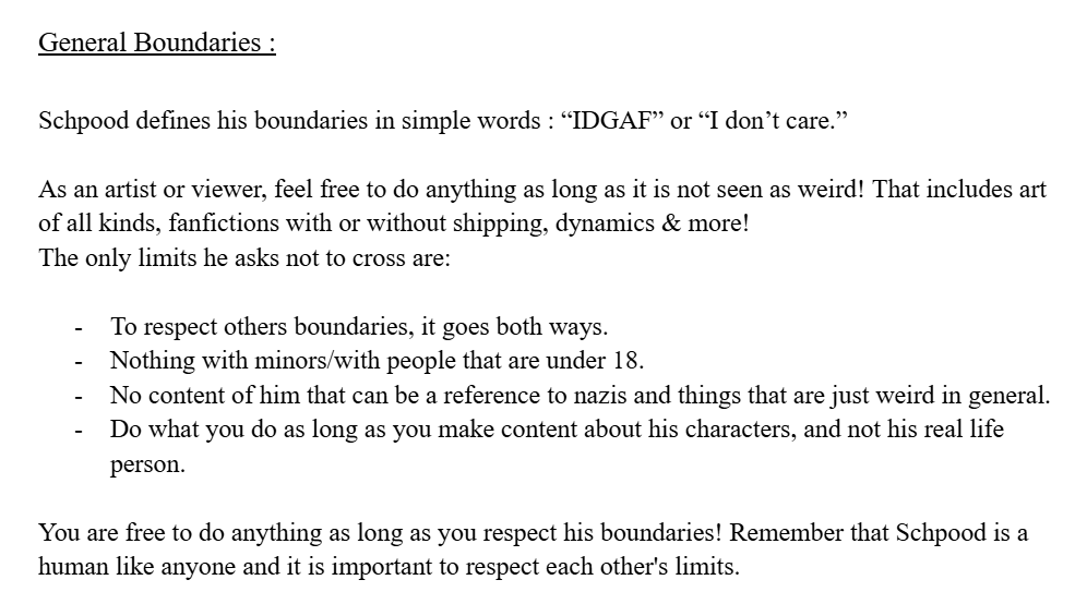 Nymphiou's tweet photo. Some of you there need a reminder about Schpoods boundaries pls, don't do rpf/ship the real him i've seen some tweets of ppl doing that esp with wifies too, it goes against his boundaries too ! Only characters!!! https://t.co/O8pUvQjohU