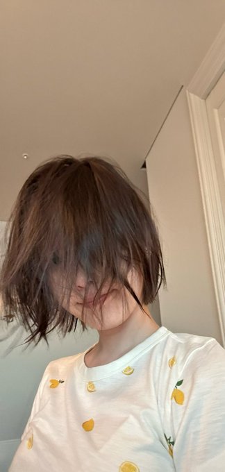 A selfie of a person with messy, chin-length brown hair wearing a white shirt with a lemon pattern.