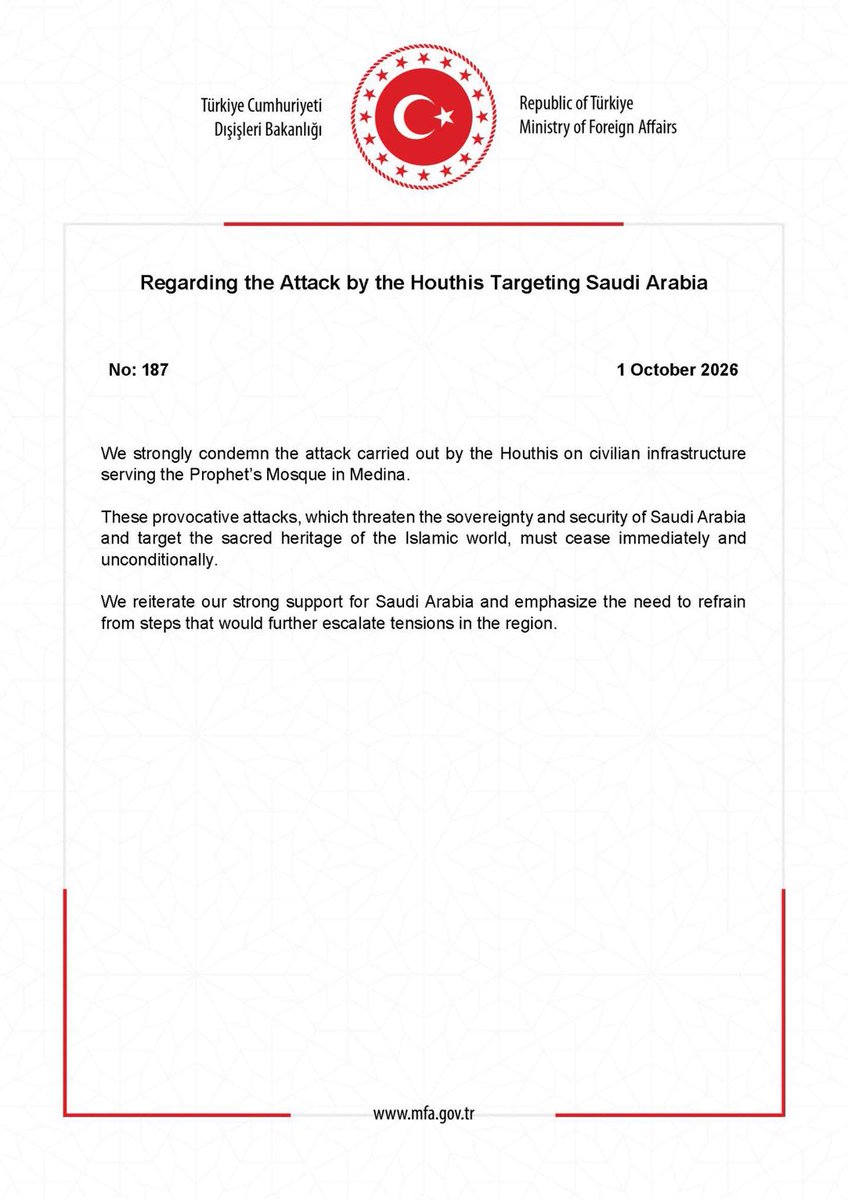 iranupdatesNow's tweet photo. Türkiye condemned a Houthi attack on civilian infrastructure serving the Prophet’s Mosque in Medina, calling for the attacks to end “immediately and unconditionally.”

The Foreign Ministry said the attacks threaten Saudi Arabia’s sovereignty and security, reiterated Türkiye’s strong support for Riyadh, and urged restraint to avoid further regional escalation.