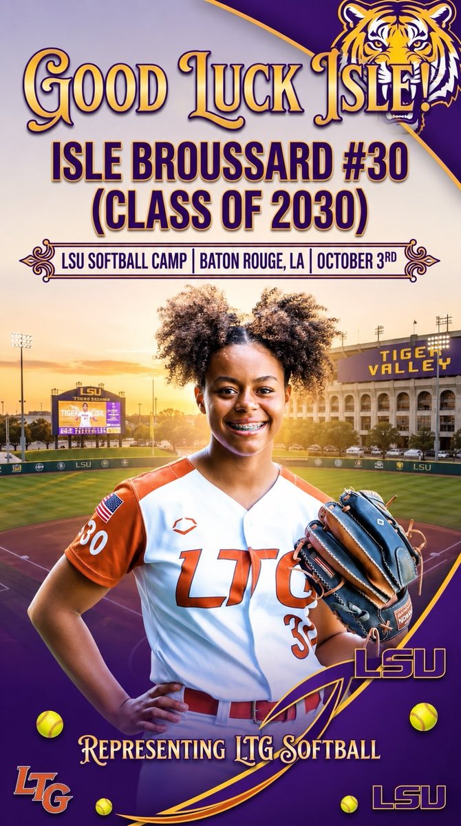 ltg2030's tweet photo. Good luck to @IslaBroussard as she heads to #BatonRouge to attend the @LSUsoftball Experience Camp. @BethTorina @CoachNealPT #LSUSoftball #GeauxTigers #LSU https://t.co/iRocqiT9B1