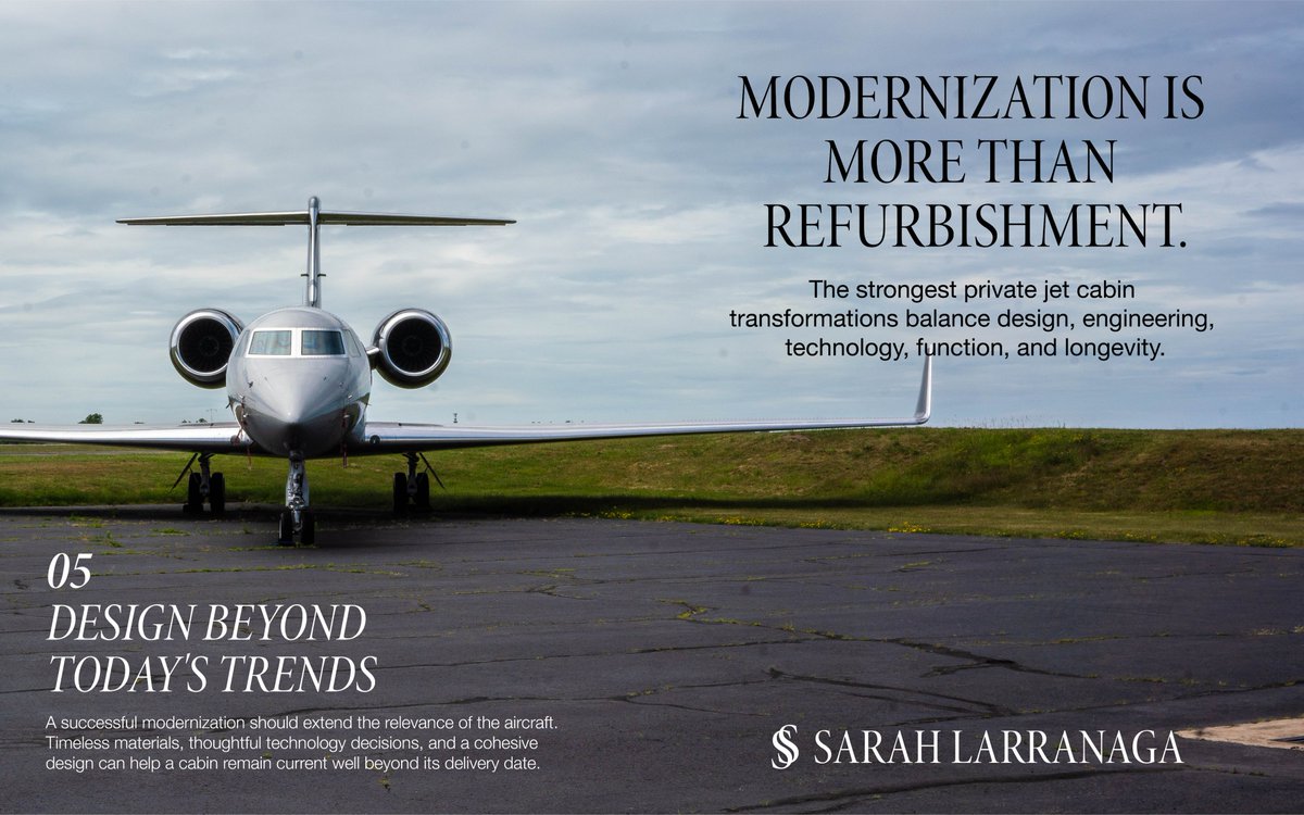 sarahlarranaga's tweet photo. Modernizing an aging private jet cabin goes far beyond replacing finishes.
Layout, technology, materials, engineering and long-term functionality all play a role in bringing an aircraft forward while protecting its performance and value.
#AircraftModernization #PrivateJetDesign https://t.co/TzcMVmZJ8o