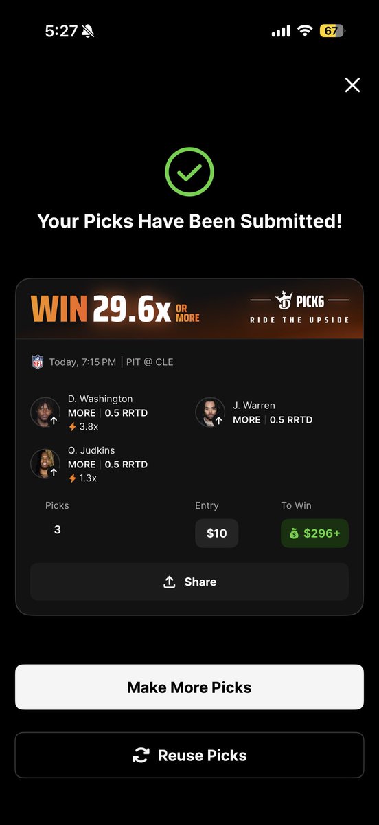 OlanJohnson420's tweet photo. @Pick6 LFG TY!! https://t.co/O46kw4MbWl