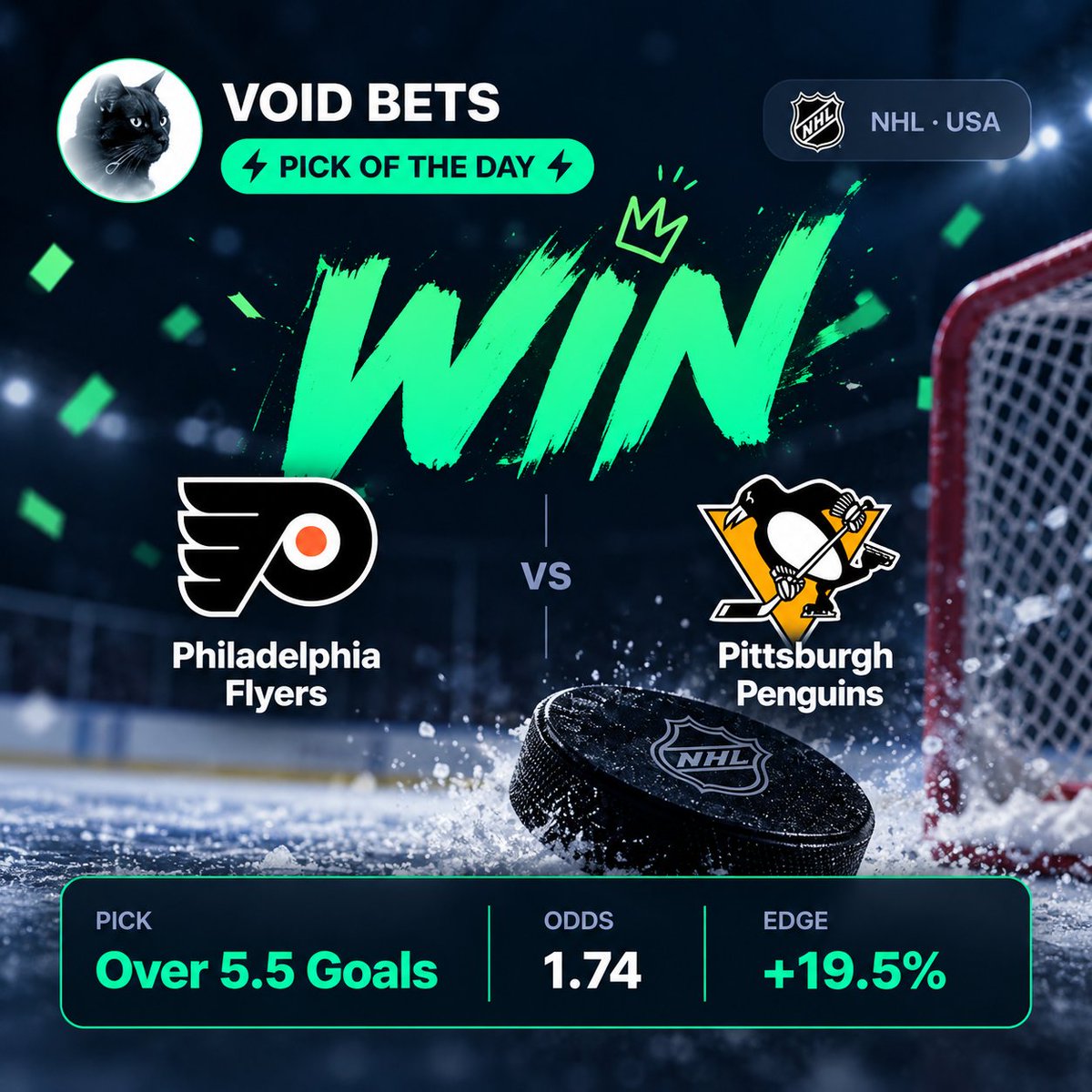 VoidBetsCom's tweet photo. 🏒 NHL IS ON FIRE 🔥

Another NHL win yesterday. ✅

That makes it 2 straight winning days for our NHL picks.
⏳ In 1 hour, we’re dropping today’s NHL Pick of the Day.

One more to make it 3 DAYS IN A ROW. 👑

🔗 https://t.co/yuDe5AGD1l

#VoidBets #NHL #ValueBetting #Hockey #SportsBetting