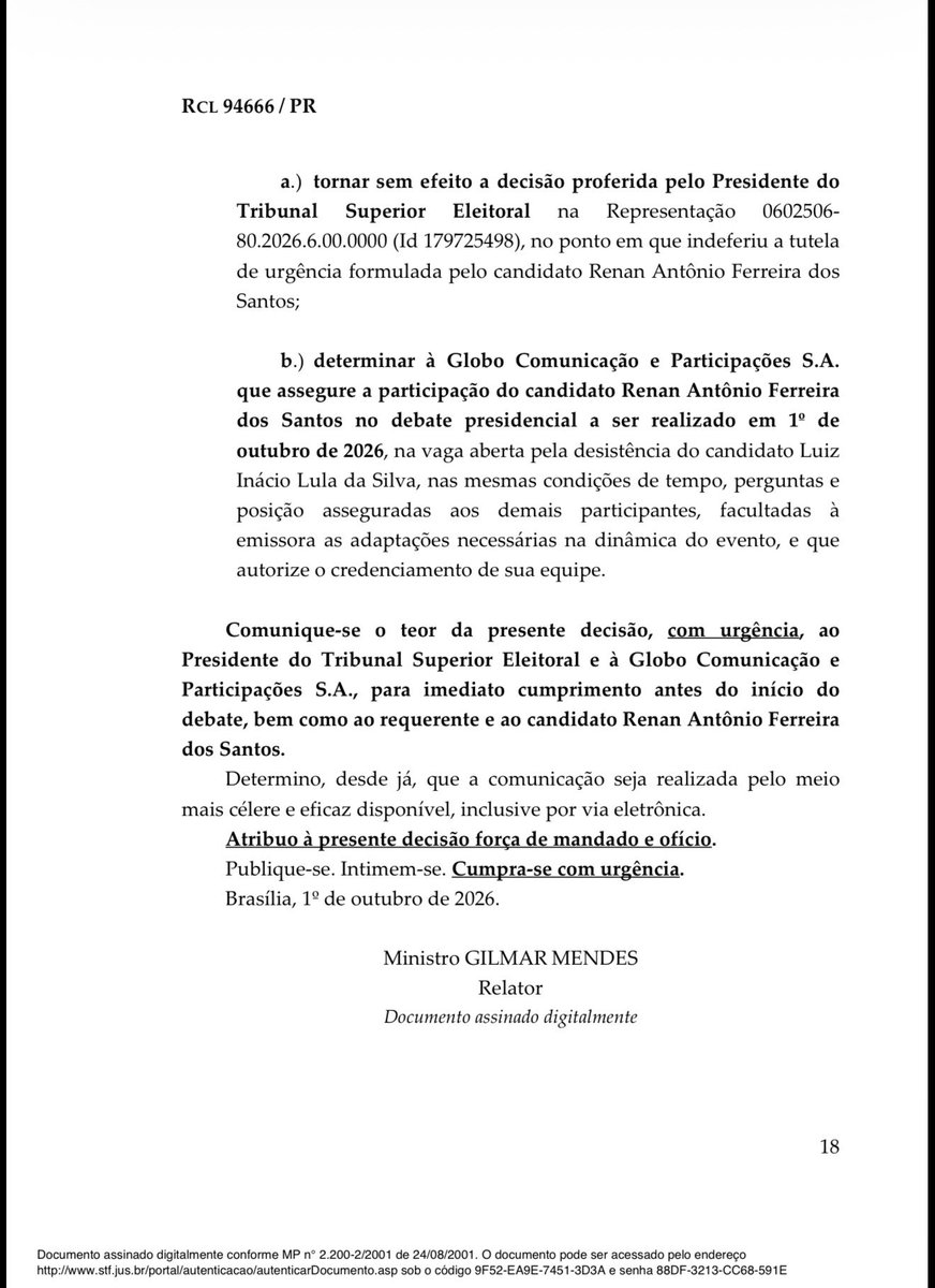 eixopolitico's tweet photo. 🇧🇷 URGENTE: Ministro Gilmar Mendes determina participação de Renan Santos (Missão) no debate da Globo. https://t.co/WYY7ct0jYd