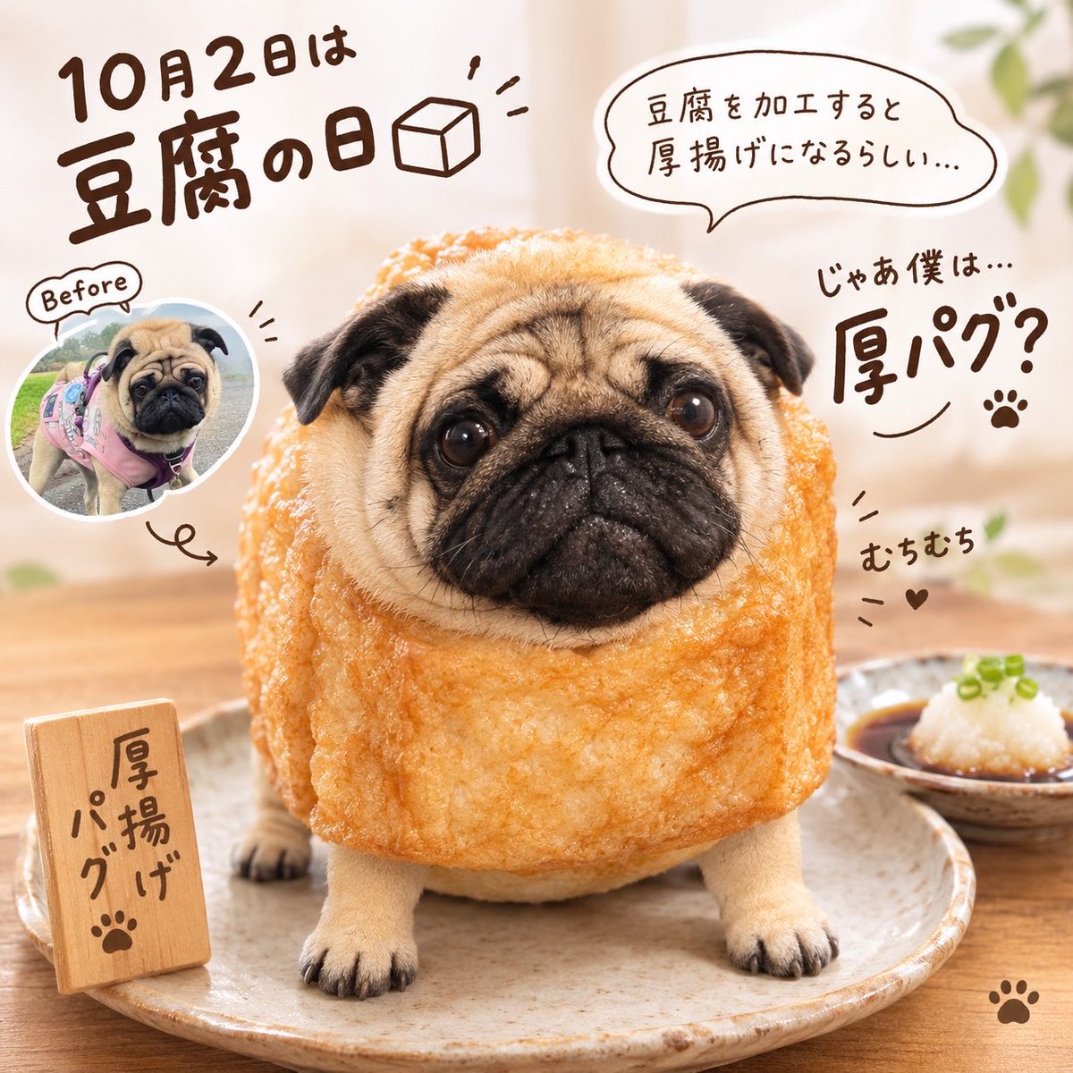 pugbagu's tweet photo. 今日は豆腐の日なんだって。
僕ちゃんも加工されて
厚揚げパグになったよ🐶 https://t.co/4OZiVDjHWs