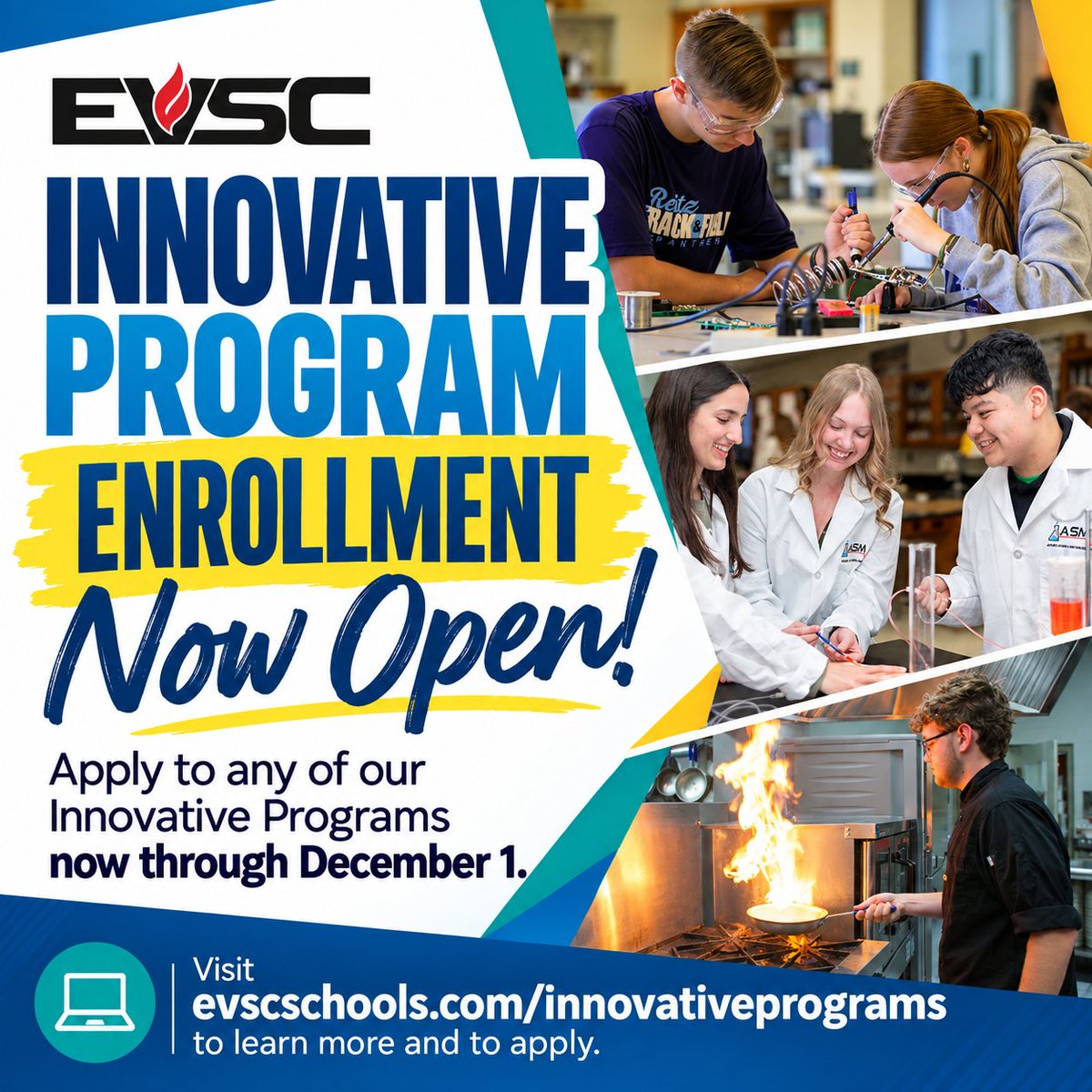 EVSC1's tweet photo. Enrollment is now open for EVSC's Innovative Programs.

Here, a high school student can dissect a heart, compound medicine in Purdue's pharmacy lab, finish an associate's degree before graduation, or argue a case in a courtroom

Others build competition robots or earn industry certifications in fields like cybersecurity and advanced manufacturing. For students who need school to work differently, there's a fully online option too.

Most of this happens a half day at a time, with the same friends and the same Friday nights at their home high school. It takes a district this size to build it.

Apply by December 1:
https://t.co/qU6tJy2wtv