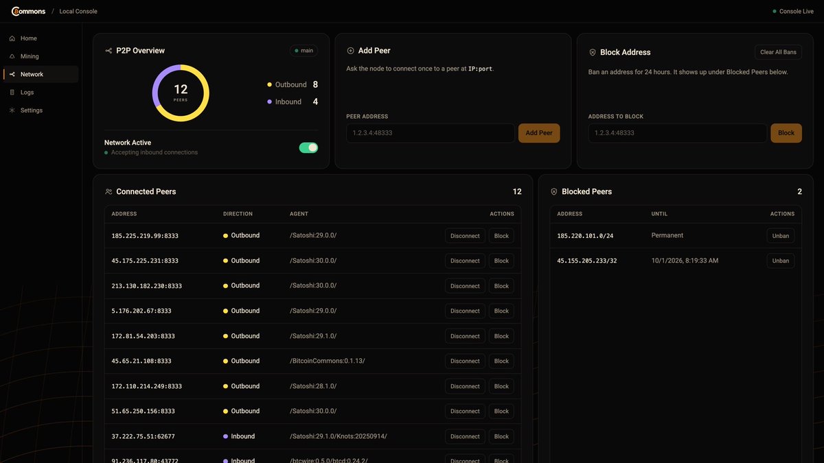BtcCommons's tweet photo. The terminal was never the product.

Bitcoin infrastructure should be sovereign enough for cypherpunks and simple enough for everyone else.

One of our contributors, Camilo has been cooking on an optional UI for our BLVM node at @BTCCommons.

Run it.
Watch it sync.
See your peers.
Validate Bitcoin.

We’re not just building another implementation.

We’re making independent verification usable.