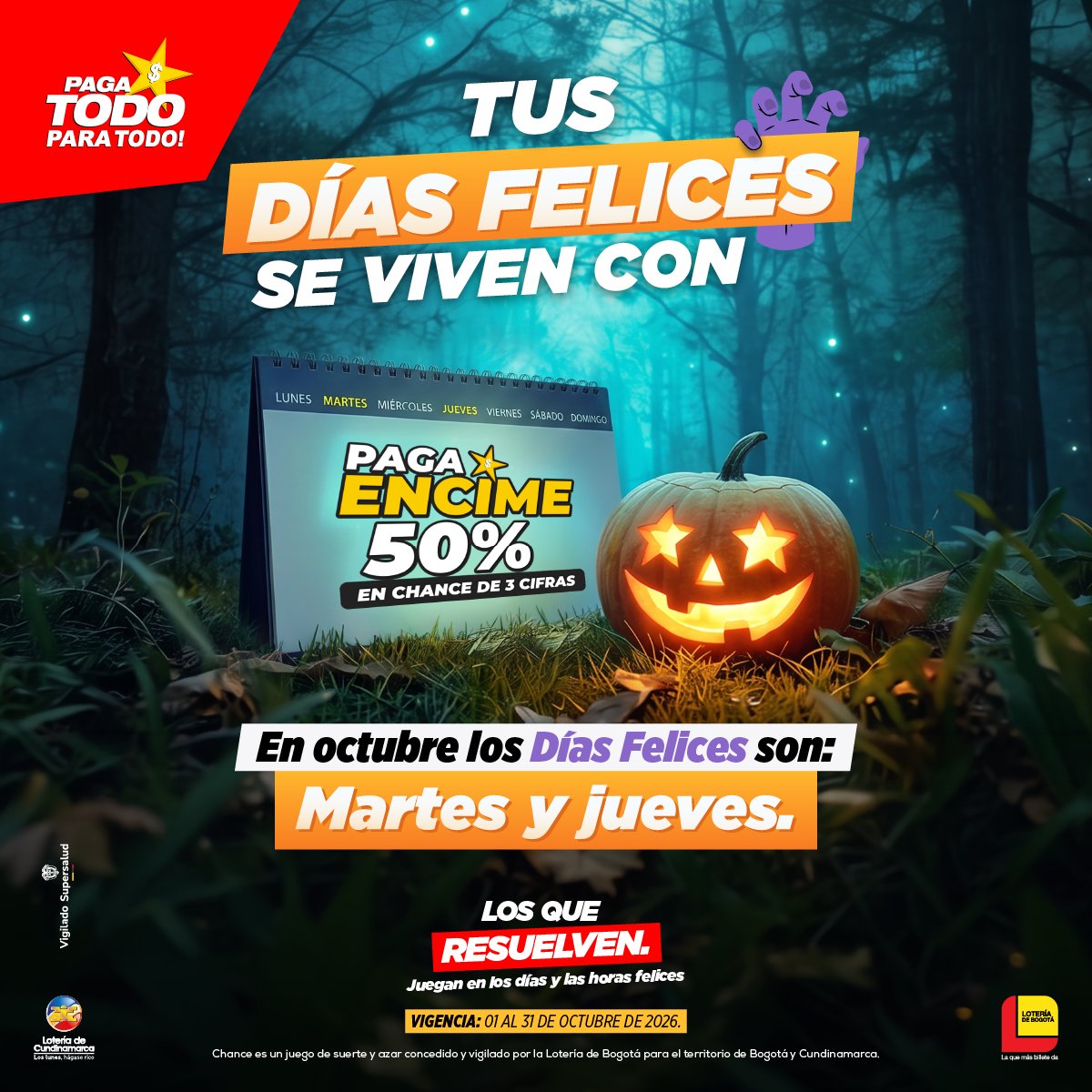 pagatodo's tweet photo. ✨ Octubre llega con más razones para jugar y ganar.
Con Paga Encime obtén: 📅 50% adicional en Chance de 3 cifras los martes y jueves. 
🍀 Los que resuelven juegan en los días y horas felices. https://t.co/n2Z9HKAGgO