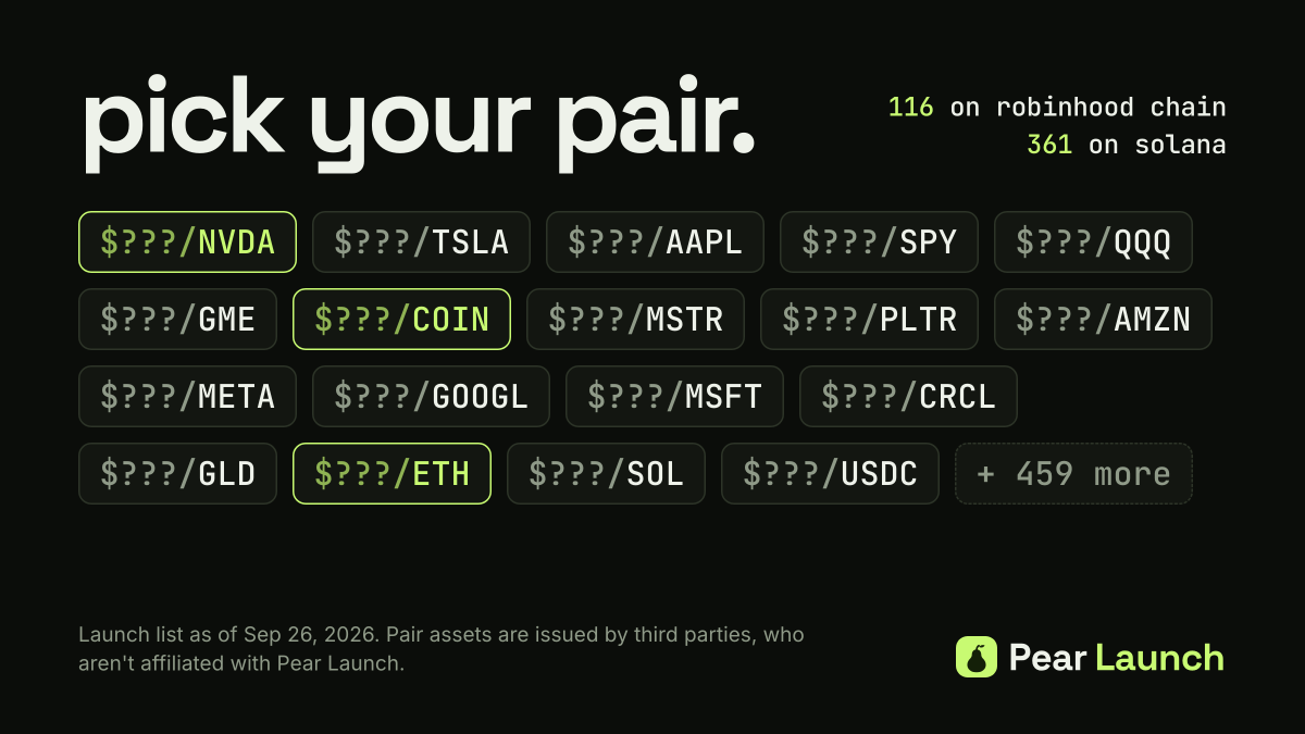 PearLaunch_'s tweet photo. robinhood is talking tokenization all week at HOOD Summit.

we went live with the other half: launch a coin paired with a stock token, and its whole curve trades in that stock.

https://t.co/PYn15nUIOl https://t.co/JuKFQG6HQE