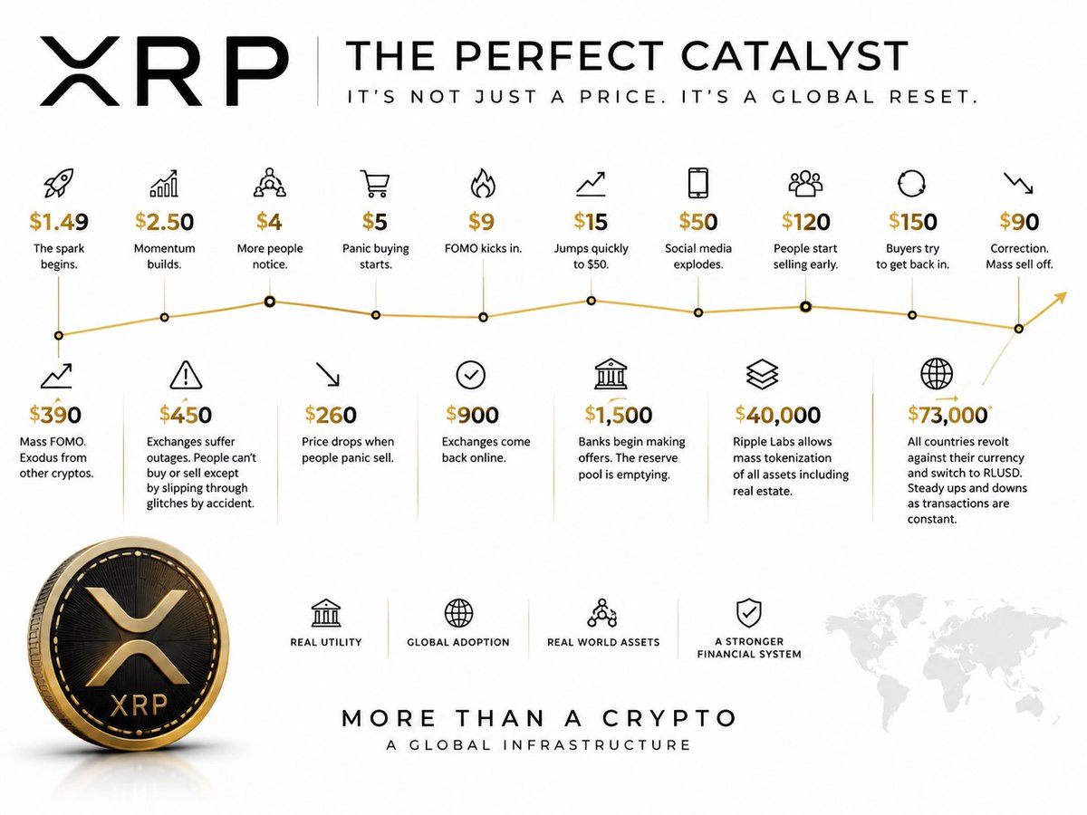 Olesya_rose's tweet photo. This is only going to get worse this year, and once it starts, there is no stopping it. The perfect catalyst.

$1.49, $2.50, $4, $5, $9, people are panic buying, $15 quickly jumps to $50, ultimate FOMO, social media blows up talking about ripple:native and everyone wants in. $120, people begin selling early, $150, people try buying back in, $90 there's a correction, mass sell off, $390, mass FOMO and and exodus from other cryptos to quickly convert all assets over. $450, exchanges suffering outages, people can't buy or sell except by slipping through glitches by accident when the system successfully allows them, price drops when people panic sell $260, exchanges come back online, $900, banks begin making offers, the reserve pool is emptying. $1500, Ripple Labs allows mass tokenization of all assets including real estate, $40,000, all countries revolt against their currency and switch to RLUSD, $73,000* steady ups and downs as transactions are constant.