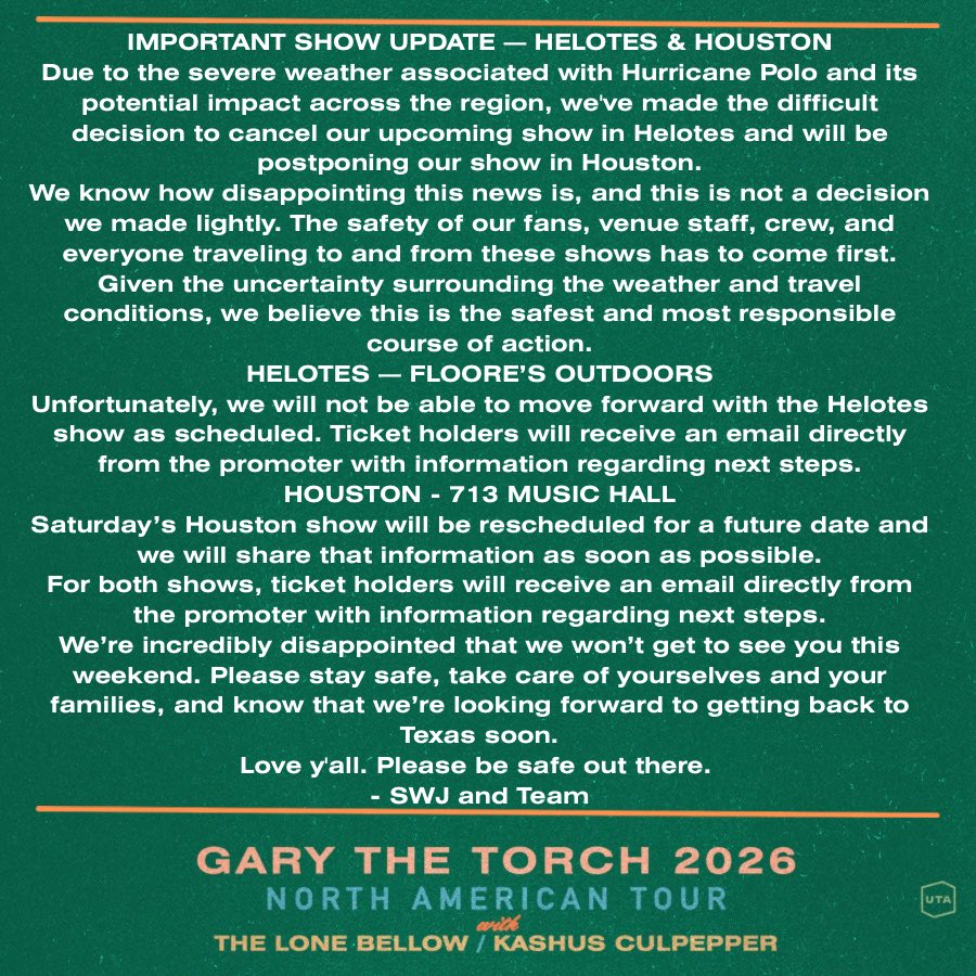 SWJMusic's tweet photo. IMPORTANT SHOW UPDATE — HELOTES &amp; HOUSTON, TX 

Love y'all. Please be safe out there.
- SWJ and Team https://t.co/RYbT7i6AGk