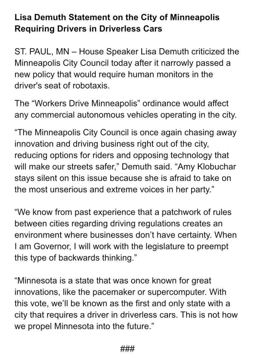LisaDemuthMN's tweet photo. Driverless cars forced to have drivers?

This sends the wrong message about Minnesota to businesses and innovators around the country.

When I’m Governor, these types of backwards policies will not be allowed to drive innovation out of our state. https://t.co/NjO74UVc4y
