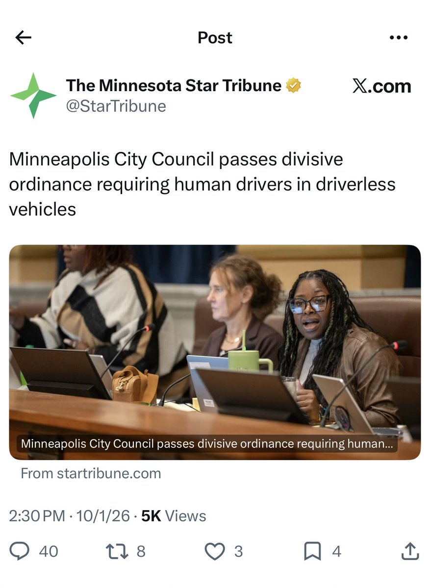 LisaDemuthMN's tweet photo. Driverless cars forced to have drivers?

This sends the wrong message about Minnesota to businesses and innovators around the country.

When I’m Governor, these types of backwards policies will not be allowed to drive innovation out of our state. https://t.co/NjO74UVc4y