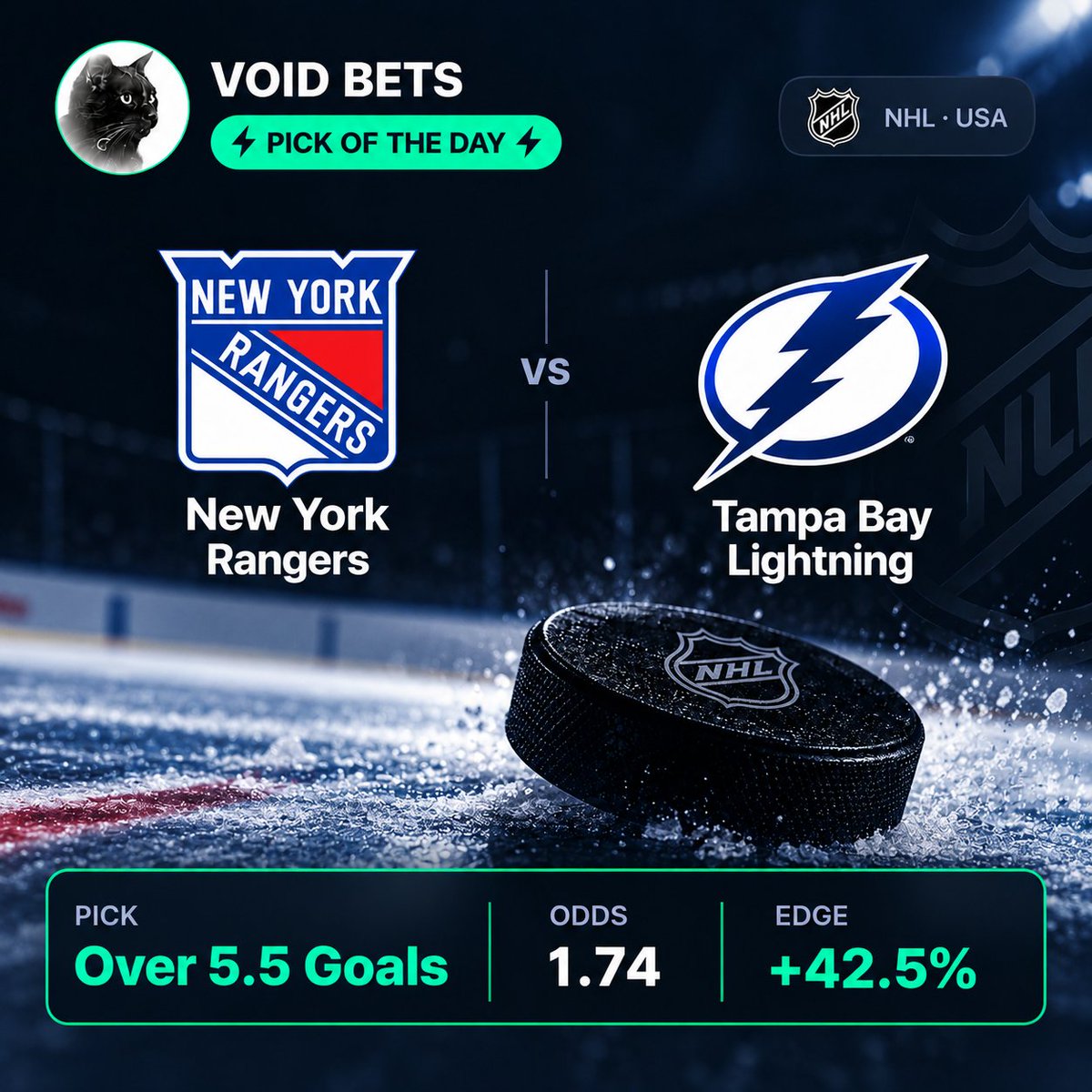 VoidBetsCom's tweet photo. ahora dame el texto
📍 PICK OF THE DAY 📍

🏒 New York Rangers vs Tampa Bay Lightning #NHL 🇺🇸

🔥 Over 5.5 Goals

🔗 https://t.co/lc8JU9Sjgt

#VoidBets #ValueBetting #NHL #Hockey #SportsBetting #Rangers #Lightning https://t.co/4H4iC27bRs