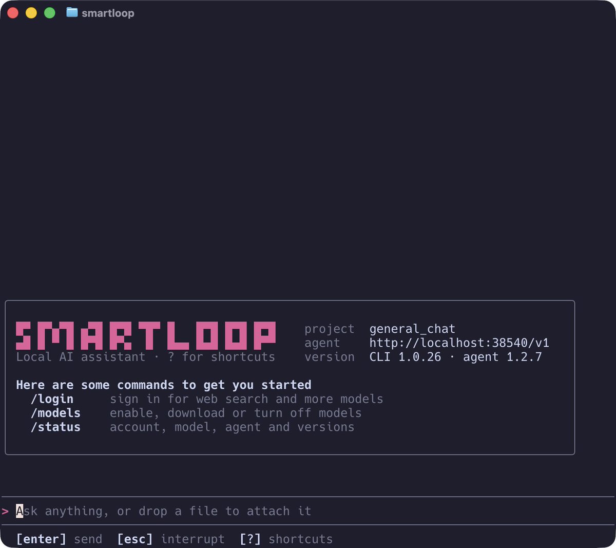 smartloop's tweet photo. 🚀 Smartloop CLI 1.0.26 is here!

📊 /usage: searches left, tokens &amp; cost saved
⚠️ Heads-up before you run out of search credits
✨ /upgrade: Pro gets 1,000 searches a month
⌨️ ctrl+s toggles web search

Private, local AI on your machine.

#localAI #privacy #LLM https://t.co/Va4DeklalB