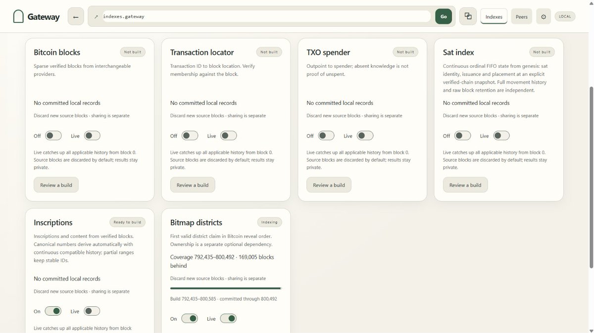 blockamoto's tweet photo. Introducing Gateway...

I've been building a new kind of Bitcoin client.
One that ANYBODY can run regardless of storage.
Fetch only what you need, when you need it.
On-demand, directly from Bitcoin peers.

This is at the heart of Gateway.

Sparse-by-default deep on-demand p2p-Bitcoin indexer.

Now, I recommend you feed this post your favourite AI and have it talk to you directly about it, because I'm about to get into the weeds. And I'm very excited, so it's probably better you ask your AI how this applies to you, rather than leaving a comment that it's too complicated or that you don't understand. With that being said, if you're happy to go hardcore old-school style, and actually... read the thing, here it is!

BITCOIN PEERS

Traditionally, Bitcoin clients sync nodes by requesting blocks from other peers one-by-one, from zero.

This is somewhat impractical for everyday users.

Gateway does things differently.

You can certainly sync the entire blockchain using Gateway, and become a full Bitcoin Node, and a useful Bitcoin Peer. You can even bring your existing Core node and plug it in if you already have one.

But that's not the interesting part.

The interesting part is that you don't need that.

Seek data directly from Bitcoin Peers, on-demand.

ON DEMAND

Unlike Core, Gateway does not require you to sync the entire blockchain. You can sync any range, or even just type in a block number in the top bar to fetch the block from a Bitcoin peer directly.

This approach is extremely useful for Blocks, but it has some limitations.

Transactions (and thus, inscriptions) cannot be resolved directly, without knowing the block number. The latter part of that sentence is the important part.

Gateway adds a schema that allows you to type "{tx}.{block}.bitcoin" and resolve a transaction directly from a Bitcoin peer. You can replace {tx} with either tx-hash, or tx-index (which is a new schema for Gateway), and {block} with either block-hash or block-height.

For example: 0.0.bitcoin

This becomes relevant for inscriptions.

An inscription ID is simply:
{tx-id}i{inscription-index}

So you can resolve inscriptions by including block-number in the scheme:
{inscription-ID}.{block}.bitcoin

If you know the transaction index, you can even use that instead of transaction ID in inscription ID.

That means, so long as you know the block number, any inscription can be resolved on Gateway, on-demand, by asking a Bitcoin peer directly.

ORD
When it comes to Ord, this is an extra layer on top of Bitcoin. It is an indexing system that takes Bitcoins already heavy data store, and adds its own index that can take roughly a week to sync.

For the everyday user, this is not practical.

Whilst I've demonstrated how we can fetch inscriptions directly from Bitcoin Peers without Ord, you need to know block number, and the standard in Ord is to use inscription ID, sat number, or inscription number as the key reference.

I've added block in the Gateway schema as a useful primitive that enables purely on-demand inscriptions from Bitcoin peers, but that isn't the current standard.

INDEXES

This is where you can build your own data-store directly from Bitcoin data originated through Bitcoin peers, and either become a useful participant of the network, or take what you need privately.

The baseline index is Bitcoin Blocks.

However, you do not need that to resolve the other indexes.

Each index has an "ephemeral" option, which means to seek the blocks you require from peers, strip the data you need, and discard the blocks. This is useful if you're running this on your everyday computer, and can't be spending so many GigaBytes on Bitcoin.

For example, you can index Bitmap without storing a single block.

The indexes are generally layered, so you can choose what you would like to index and when. If you index Bitcoin Blocks, you will be asked if you also want to index the other downstream indexes in parrallel, since it would be quicker to do that than re-run the index.

If you already have a Bitcoin Node, you can build other indexes on top of that.

But you don't have to have the Bitcoin blocks to sync inscriptions, Bitmap, or any other index we implement.

Now, this is still some heavy lifting, but once we start activating the Gateway peer network, we can supercharge these capabilities.

GATEWAY PEERS

Gateway users can connect to each other in a peer-to-peer network, just as in Bitcoin.

That means that, whatever data you need, you can ask Gateway peers directly and skip indexing directly from Bitcoin data, with Bitcoin as the hashed proof verification layer.

So, anything your Gateway node doesn't know, or is impractical for you to find through Bitcoin peers, can be served by Gateway peers.

This vital peer layer can become more useful as we start adding other cases for the Gateway peer network, for example, you could opt-in to become a persistent relay for a Bitmap or Ord gaming webRTC layer. We can even serve this p2p mesh layer to websites and ordinals over the web, so in the future, you will be able to connect to gateway from a website, or from an Ordinals inscription.

For now though, it requires the Gateway client. But the dream is that you can become a useful OR private participant in Gateway from different angles.

LONG STORY SHORT
A sparse-by-default on-demand bitcoin node, with full-range indexing and p2p sharing with gateway nodes.

EARLY RELEASE TESTERS

I am seeking early testers who are happy to put the client through the ringer, vet the data, or just try and break the thing so we can make sure we ship a proper robust client.

You can comment on this post if you're interested, and I'll share details when it's ready for testing.

At this stage, I just wanted to let you know that I have a client, it's working, it's almost ready for testers.

WHAT NOW?

This is just one of the things I've been working on and excited about recently, but it's the one I think is the most important in terms of vital infrastructure that can benefit the entire stack from Bitcoin peers to Bitmappeers.

Stay glued to my timeline for more! 👀
Comment if you want to get involved. 💬
