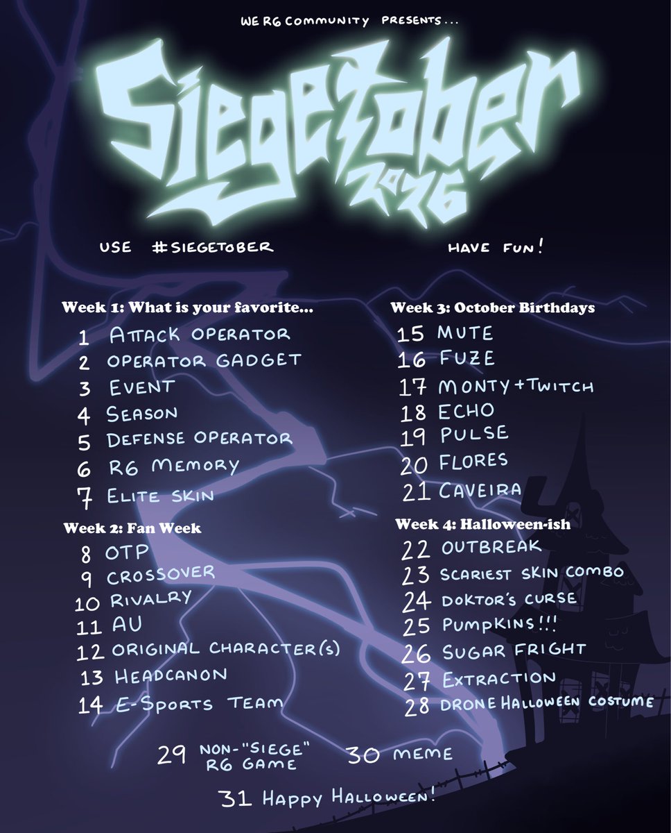 WeR6Community's tweet photo. Welcome to Siegetober 2026 Edition!  👻 We invite the R6 community to participate in making art, writing, cosplay, videos, or discussions for any and all of the prompts! Make sure to tag #siegetober and #WeR6community when sharing your work! 🎃 https://t.co/UIlSVevbd6