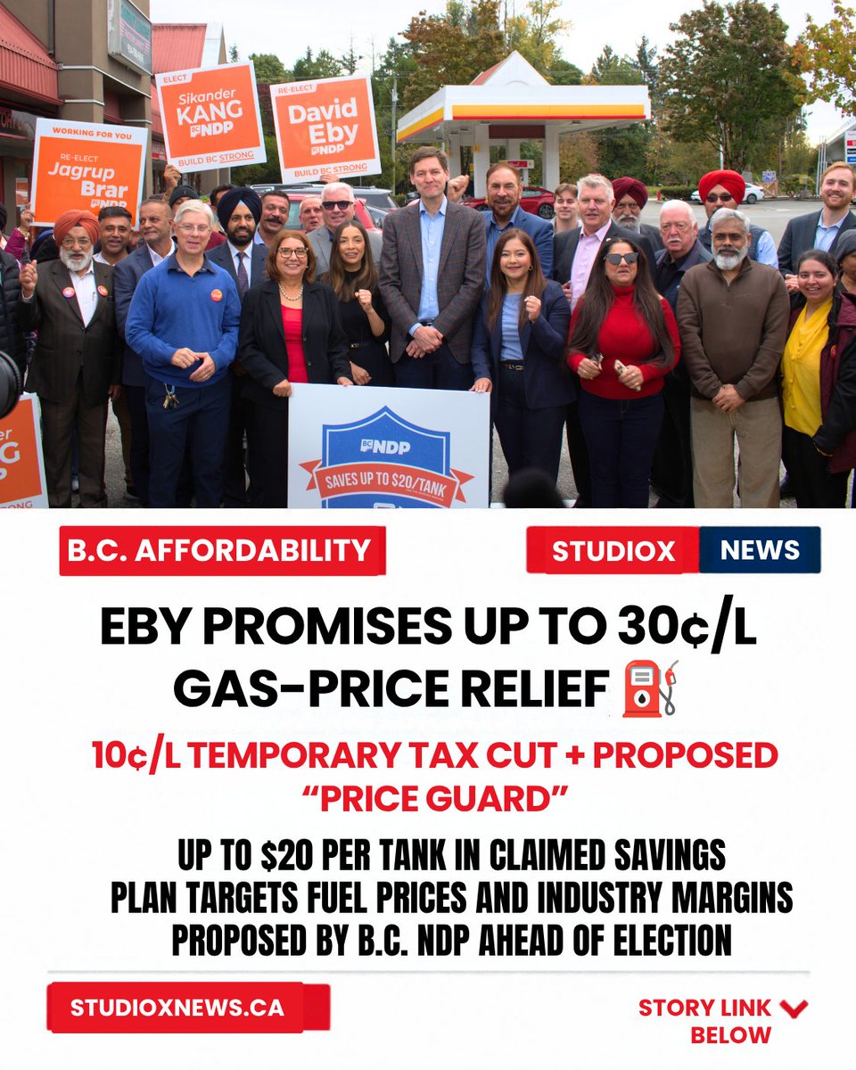 studioxnews's tweet photo. Eby unveils B.C. gas-price plan

The BC NDP @bcndp  says a temporary 10¢/L fuel-tax cut + proposed “price guard” could provide up to 30¢/L in relief. 

 https://t.co/wHQeCg4gid #bc #cdnpoli #davideby https://t.co/J8BIOYKFXn