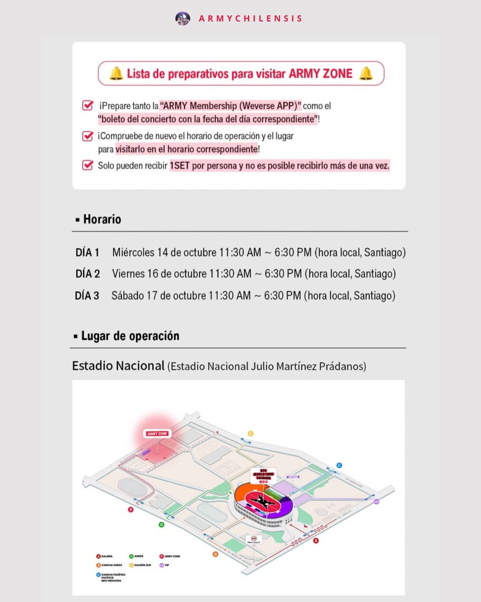 armychilensis's tweet photo. 🇨🇱 ARMY ZONE - BTS WORLD TOUR ARIRANG EN SANTIAGO

📍Estadio Nacional
📅 14, 16 &amp; 17 de Octubre
⏰ 11:30 AM - 6:30 PM
🎫 Debes tener entrada para el concierto del mismo día + ARMY Membership

#BTS #방탄소년단 #BTS_ARIRANG https://t.co/kKWDqRtXvu