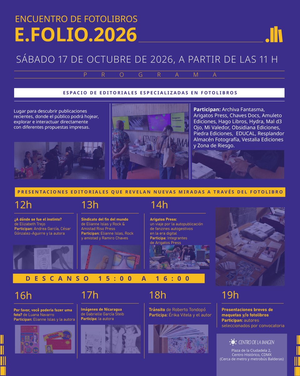 cimagen's tweet photo. #EFOLIO2026
¡Conoce nuestras actividades para el Encuentro de Fotolibros. E.FOLIO.2026!📚
Dale clic y conoce más👉 https://t.co/1b0dMYtZ2S
📆 Sábado 17 de octubre, a partir de las 11 h | Centro de la Imagen https://t.co/Su1BqD60Ik