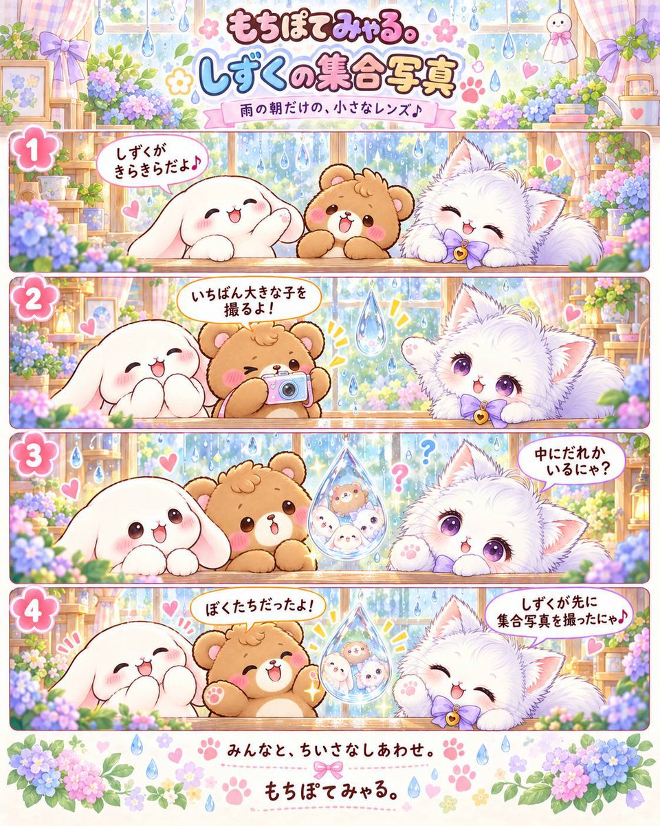 mochipotemyaru's tweet photo. もちぽてみゃる

しずくの集合写真

雨粒の光る窓辺に、小さなレンズがひとつ。
「中にだれかいるにゃ？」そっとのぞいた先には…♡

#雨の日 #雨粒 #もちぽてみゃる #4コマ #癒し https://t.co/48AIrrz6rh