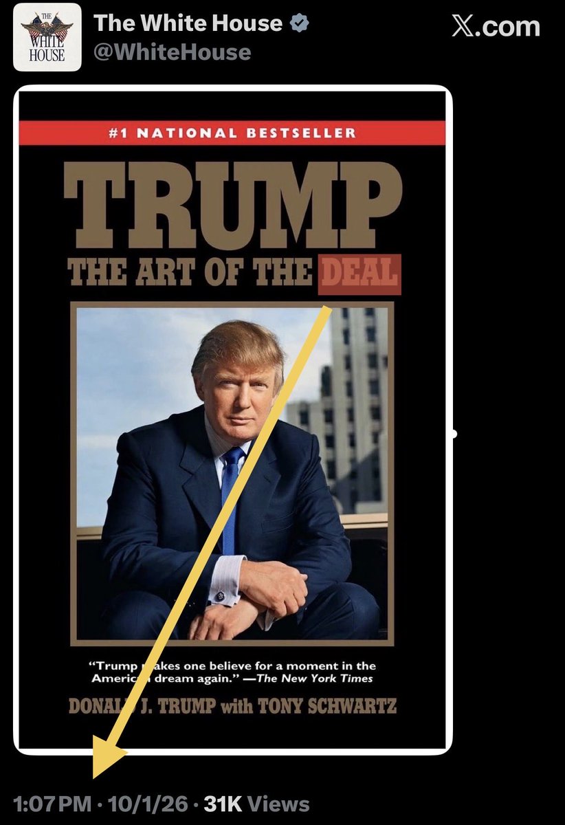 Spaceshot76's tweet photo. The @WhiteHouse posted this as a reply, not a regular post, at 1:07pm=1307hrs military time. 

Talking about the Art of the DEAL, also in post 1307=DEAL ✌️ https://t.co/eFispz4awD