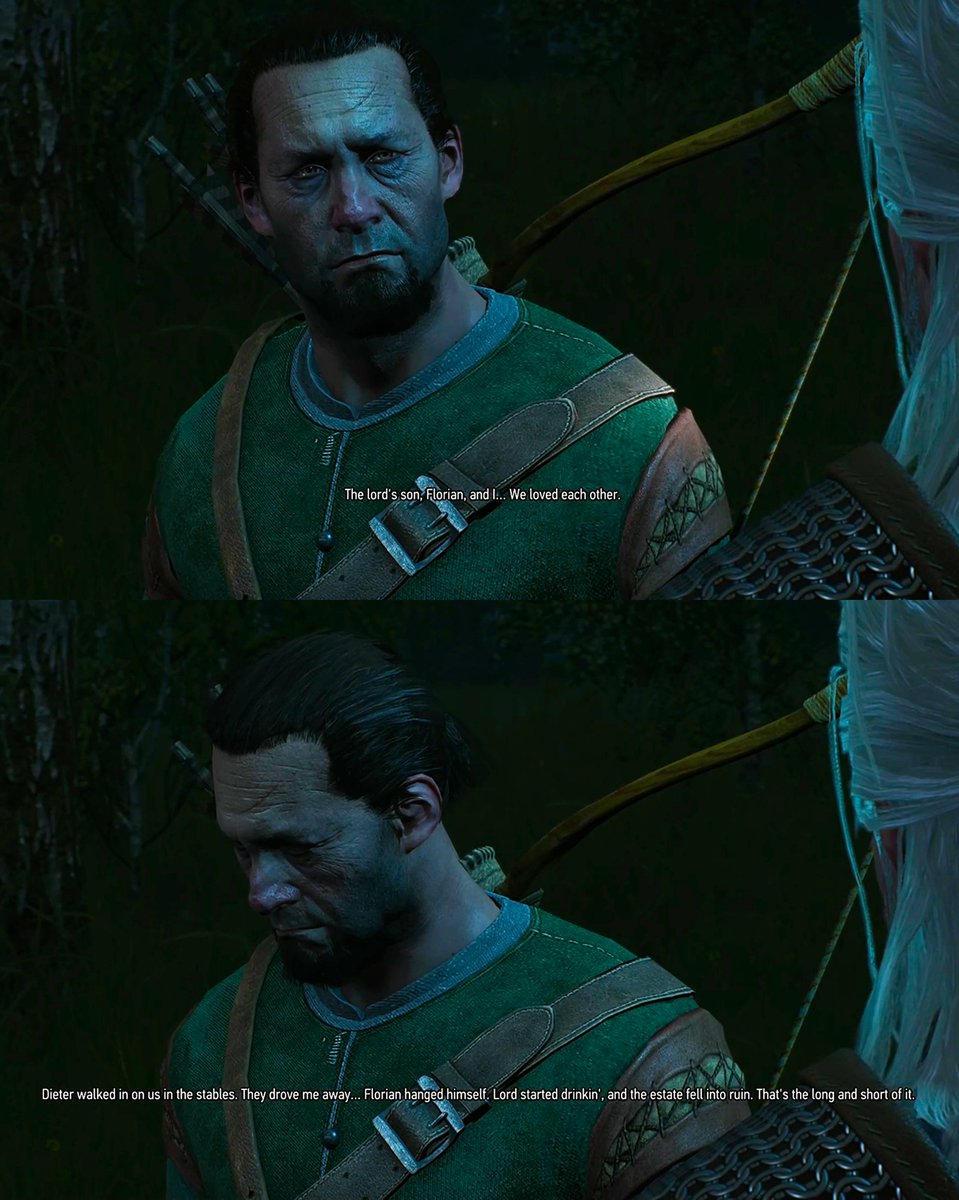 luscielia's tweet photo. One of the first side quests in Witcher 3 has you meeting a gay man, while another character is racist and can be turned over to the Nilfgaardian soldiers to be hanged. And people say this game is “not woke” lol https://t.co/IDbBtPWkaL