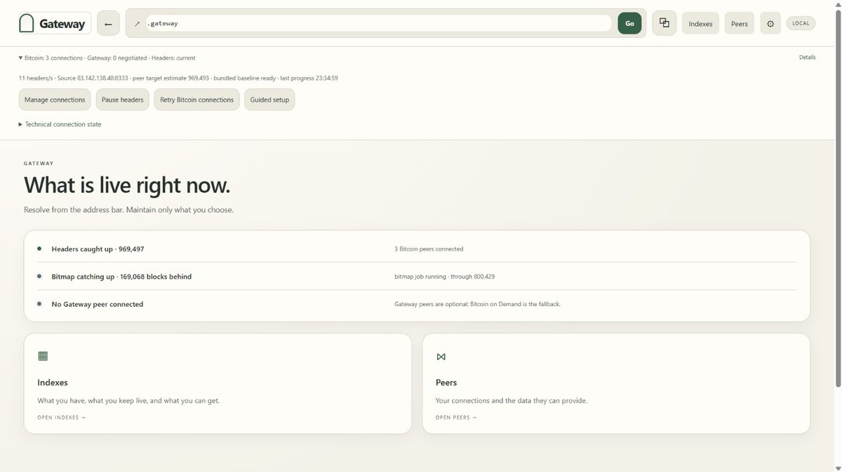 blockamoto's tweet photo. Introducing Gateway...

I've been building a new kind of Bitcoin client.
One that ANYBODY can run regardless of storage.
Fetch only what you need, when you need it.
On-demand, directly from Bitcoin peers.

This is at the heart of Gateway.

Sparse-by-default deep on-demand p2p-Bitcoin indexer.

Now, I recommend you feed this post your favourite AI and have it talk to you directly about it, because I'm about to get into the weeds. And I'm very excited, so it's probably better you ask your AI how this applies to you, rather than leaving a comment that it's too complicated or that you don't understand. With that being said, if you're happy to go hardcore old-school style, and actually... read the thing, here it is!

BITCOIN PEERS

Traditionally, Bitcoin clients sync nodes by requesting blocks from other peers one-by-one, from zero.

This is somewhat impractical for everyday users.

Gateway does things differently.

You can certainly sync the entire blockchain using Gateway, and become a full Bitcoin Node, and a useful Bitcoin Peer. You can even bring your existing Core node and plug it in if you already have one.

But that's not the interesting part.

The interesting part is that you don't need that.

Seek data directly from Bitcoin Peers, on-demand.

ON DEMAND

Unlike Core, Gateway does not require you to sync the entire blockchain. You can sync any range, or even just type in a block number in the top bar to fetch the block from a Bitcoin peer directly.

This approach is extremely useful for Blocks, but it has some limitations.

Transactions (and thus, inscriptions) cannot be resolved directly, without knowing the block number. The latter part of that sentence is the important part.

Gateway adds a schema that allows you to type "{tx}.{block}.bitcoin" and resolve a transaction directly from a Bitcoin peer. You can replace {tx} with either tx-hash, or tx-index (which is a new schema for Gateway), and {block} with either block-hash or block-height.

For example: 0.0.bitcoin

This becomes relevant for inscriptions.

An inscription ID is simply:
{tx-id}i{inscription-index}

So you can resolve inscriptions by including block-number in the scheme:
{inscription-ID}.{block}.bitcoin

If you know the transaction index, you can even use that instead of transaction ID in inscription ID.

That means, so long as you know the block number, any inscription can be resolved on Gateway, on-demand, by asking a Bitcoin peer directly.

ORD
When it comes to Ord, this is an extra layer on top of Bitcoin. It is an indexing system that takes Bitcoins already heavy data store, and adds its own index that can take roughly a week to sync.

For the everyday user, this is not practical.

Whilst I've demonstrated how we can fetch inscriptions directly from Bitcoin Peers without Ord, you need to know block number, and the standard in Ord is to use inscription ID, sat number, or inscription number as the key reference.

I've added block in the Gateway schema as a useful primitive that enables purely on-demand inscriptions from Bitcoin peers, but that isn't the current standard.

INDEXES

This is where you can build your own data-store directly from Bitcoin data originated through Bitcoin peers, and either become a useful participant of the network, or take what you need privately.

The baseline index is Bitcoin Blocks.

However, you do not need that to resolve the other indexes.

Each index has an "ephemeral" option, which means to seek the blocks you require from peers, strip the data you need, and discard the blocks. This is useful if you're running this on your everyday computer, and can't be spending so many GigaBytes on Bitcoin.

For example, you can index Bitmap without storing a single block.

The indexes are generally layered, so you can choose what you would like to index and when. If you index Bitcoin Blocks, you will be asked if you also want to index the other downstream indexes in parrallel, since it would be quicker to do that than re-run the index.

If you already have a Bitcoin Node, you can build other indexes on top of that.

But you don't have to have the Bitcoin blocks to sync inscriptions, Bitmap, or any other index we implement.

Now, this is still some heavy lifting, but once we start activating the Gateway peer network, we can supercharge these capabilities.

GATEWAY PEERS

Gateway users can connect to each other in a peer-to-peer network, just as in Bitcoin.

That means that, whatever data you need, you can ask Gateway peers directly and skip indexing directly from Bitcoin data, with Bitcoin as the hashed proof verification layer.

So, anything your Gateway node doesn't know, or is impractical for you to find through Bitcoin peers, can be served by Gateway peers.

This vital peer layer can become more useful as we start adding other cases for the Gateway peer network, for example, you could opt-in to become a persistent relay for a Bitmap or Ord gaming webRTC layer. We can even serve this p2p mesh layer to websites and ordinals over the web, so in the future, you will be able to connect to gateway from a website, or from an Ordinals inscription.

For now though, it requires the Gateway client. But the dream is that you can become a useful OR private participant in Gateway from different angles.

LONG STORY SHORT
A sparse-by-default on-demand bitcoin node, with full-range indexing and p2p sharing with gateway nodes.

EARLY RELEASE TESTERS

I am seeking early testers who are happy to put the client through the ringer, vet the data, or just try and break the thing so we can make sure we ship a proper robust client.

You can comment on this post if you're interested, and I'll share details when it's ready for testing.

At this stage, I just wanted to let you know that I have a client, it's working, it's almost ready for testers.

WHAT NOW?

This is just one of the things I've been working on and excited about recently, but it's the one I think is the most important in terms of vital infrastructure that can benefit the entire stack from Bitcoin peers to Bitmappeers.

Stay glued to my timeline for more! 👀
Comment if you want to get involved. 💬