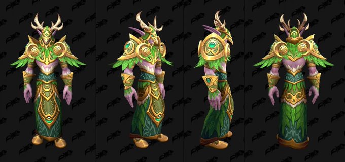 Four angles (front, side, back, and another angle) of a 3D character model wearing green and purple fantasy armor with gold accents, antlers, and a feathered shoulder piece, likely from a video game.