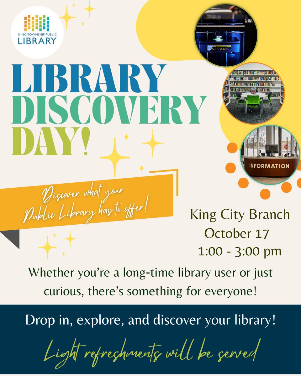 KingLibraries's tweet photo. 📅 Mark your calendars! KTPL’s next Discovery Day is coming to the King City Branch.

Join us to explore the many resources, services, and programs available at your library. We can’t wait to see you there!

#LibraryDiscoveryDay #KingLibraries https://t.co/aQqMQ61WOQ