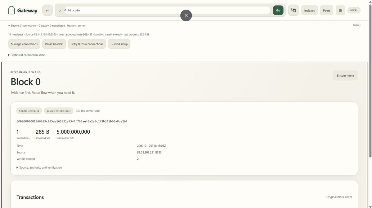 blockamoto's tweet photo. Introducing Gateway...

I've been building a new kind of Bitcoin client.
One that ANYBODY can run regardless of storage.
Fetch only what you need, when you need it.
On-demand, directly from Bitcoin peers.

This is at the heart of Gateway.

Sparse-by-default deep on-demand p2p-Bitcoin indexer.

Now, I recommend you feed this post your favourite AI and have it talk to you directly about it, because I'm about to get into the weeds. And I'm very excited, so it's probably better you ask your AI how this applies to you, rather than leaving a comment that it's too complicated or that you don't understand. With that being said, if you're happy to go hardcore old-school style, and actually... read the thing, here it is!

BITCOIN PEERS

Traditionally, Bitcoin clients sync nodes by requesting blocks from other peers one-by-one, from zero.

This is somewhat impractical for everyday users.

Gateway does things differently.

You can certainly sync the entire blockchain using Gateway, and become a full Bitcoin Node, and a useful Bitcoin Peer. You can even bring your existing Core node and plug it in if you already have one.

But that's not the interesting part.

The interesting part is that you don't need that.

Seek data directly from Bitcoin Peers, on-demand.

ON DEMAND

Unlike Core, Gateway does not require you to sync the entire blockchain. You can sync any range, or even just type in a block number in the top bar to fetch the block from a Bitcoin peer directly.

This approach is extremely useful for Blocks, but it has some limitations.

Transactions (and thus, inscriptions) cannot be resolved directly, without knowing the block number. The latter part of that sentence is the important part.

Gateway adds a schema that allows you to type "{tx}.{block}.bitcoin" and resolve a transaction directly from a Bitcoin peer. You can replace {tx} with either tx-hash, or tx-index (which is a new schema for Gateway), and {block} with either block-hash or block-height.

For example: 0.0.bitcoin

This becomes relevant for inscriptions.

An inscription ID is simply:
{tx-id}i{inscription-index}

So you can resolve inscriptions by including block-number in the scheme:
{inscription-ID}.{block}.bitcoin

If you know the transaction index, you can even use that instead of transaction ID in inscription ID.

That means, so long as you know the block number, any inscription can be resolved on Gateway, on-demand, by asking a Bitcoin peer directly.

ORD
When it comes to Ord, this is an extra layer on top of Bitcoin. It is an indexing system that takes Bitcoins already heavy data store, and adds its own index that can take roughly a week to sync.

For the everyday user, this is not practical.

Whilst I've demonstrated how we can fetch inscriptions directly from Bitcoin Peers without Ord, you need to know block number, and the standard in Ord is to use inscription ID, sat number, or inscription number as the key reference.

I've added block in the Gateway schema as a useful primitive that enables purely on-demand inscriptions from Bitcoin peers, but that isn't the current standard.

INDEXES

This is where you can build your own data-store directly from Bitcoin data originated through Bitcoin peers, and either become a useful participant of the network, or take what you need privately.

The baseline index is Bitcoin Blocks.

However, you do not need that to resolve the other indexes.

Each index has an "ephemeral" option, which means to seek the blocks you require from peers, strip the data you need, and discard the blocks. This is useful if you're running this on your everyday computer, and can't be spending so many GigaBytes on Bitcoin.

For example, you can index Bitmap without storing a single block.

The indexes are generally layered, so you can choose what you would like to index and when. If you index Bitcoin Blocks, you will be asked if you also want to index the other downstream indexes in parrallel, since it would be quicker to do that than re-run the index.

If you already have a Bitcoin Node, you can build other indexes on top of that.

But you don't have to have the Bitcoin blocks to sync inscriptions, Bitmap, or any other index we implement.

Now, this is still some heavy lifting, but once we start activating the Gateway peer network, we can supercharge these capabilities.

GATEWAY PEERS

Gateway users can connect to each other in a peer-to-peer network, just as in Bitcoin.

That means that, whatever data you need, you can ask Gateway peers directly and skip indexing directly from Bitcoin data, with Bitcoin as the hashed proof verification layer.

So, anything your Gateway node doesn't know, or is impractical for you to find through Bitcoin peers, can be served by Gateway peers.

This vital peer layer can become more useful as we start adding other cases for the Gateway peer network, for example, you could opt-in to become a persistent relay for a Bitmap or Ord gaming webRTC layer. We can even serve this p2p mesh layer to websites and ordinals over the web, so in the future, you will be able to connect to gateway from a website, or from an Ordinals inscription.

For now though, it requires the Gateway client. But the dream is that you can become a useful OR private participant in Gateway from different angles.

LONG STORY SHORT
A sparse-by-default on-demand bitcoin node, with full-range indexing and p2p sharing with gateway nodes.

EARLY RELEASE TESTERS

I am seeking early testers who are happy to put the client through the ringer, vet the data, or just try and break the thing so we can make sure we ship a proper robust client.

You can comment on this post if you're interested, and I'll share details when it's ready for testing.

At this stage, I just wanted to let you know that I have a client, it's working, it's almost ready for testers.

WHAT NOW?

This is just one of the things I've been working on and excited about recently, but it's the one I think is the most important in terms of vital infrastructure that can benefit the entire stack from Bitcoin peers to Bitmappeers.

Stay glued to my timeline for more! 👀
Comment if you want to get involved. 💬