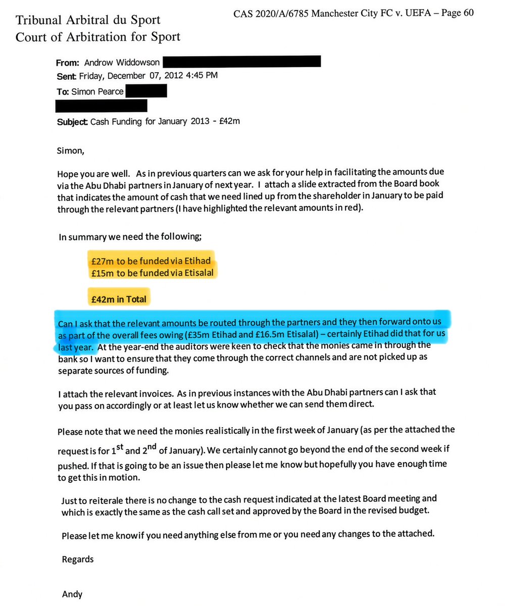 N5excl's tweet photo. 🚨December 2012 - #MCFC exec. emails Abu Dhabi contact requesting £42m in January 2013 — £27m via Etihad, £15m via Etisalat.

Not as owner cash, rather, purposely routed through the partners as part of a “disguise”, so the auditors fail to pick up on it as a separate source of funding. The same move Etihad made the year before for City.

That’s the whole game. Shareholder money dressed up as sponsorship so the books look clean. Board had already approved of the funding arrangement, they just didn’t want it looking like what it actually was - a breach of several PL financial rules…🧨  (according to the independent commission’s published findings).  

- Sham contracts and sham agreements with commercial partners, which misrepresented the true deal and disguised owner funding as revenue. The commission stated this conduct was “clearly intended to circumvent the PL Rules.”

- Misstated accounts, and concealment of the true finances from auditors and football regulators. The result was a failure to accurately report income and expenditure.

- The Premier League’s Profitability and Sustainability Rules, and UEFA’s Club Licensing and Financial Fair Play Rules. Correctly reported, the commission said City would have breached both spending limits by a very substantial amount (~£920m according to the commission’s findings). 

City have since filed an appeal ahead of the 2 October deadline and are reportedly ready to argue that the extra sponsorship money came from the Abu Dhabi government, not the club’s owner, Sheikh Mansour.