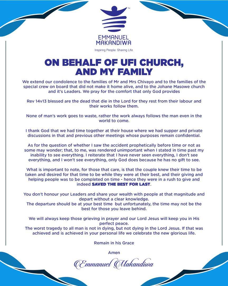 tabanimcgucci's tweet photo. This defensive PR from Makandiwa masked as condolence message reads "I don't see everything" then goes on to say "the couple knew their time to be taken" sums up his prophetic claims 🤦🏿‍♂️ https://t.co/MEoGmyEmxe