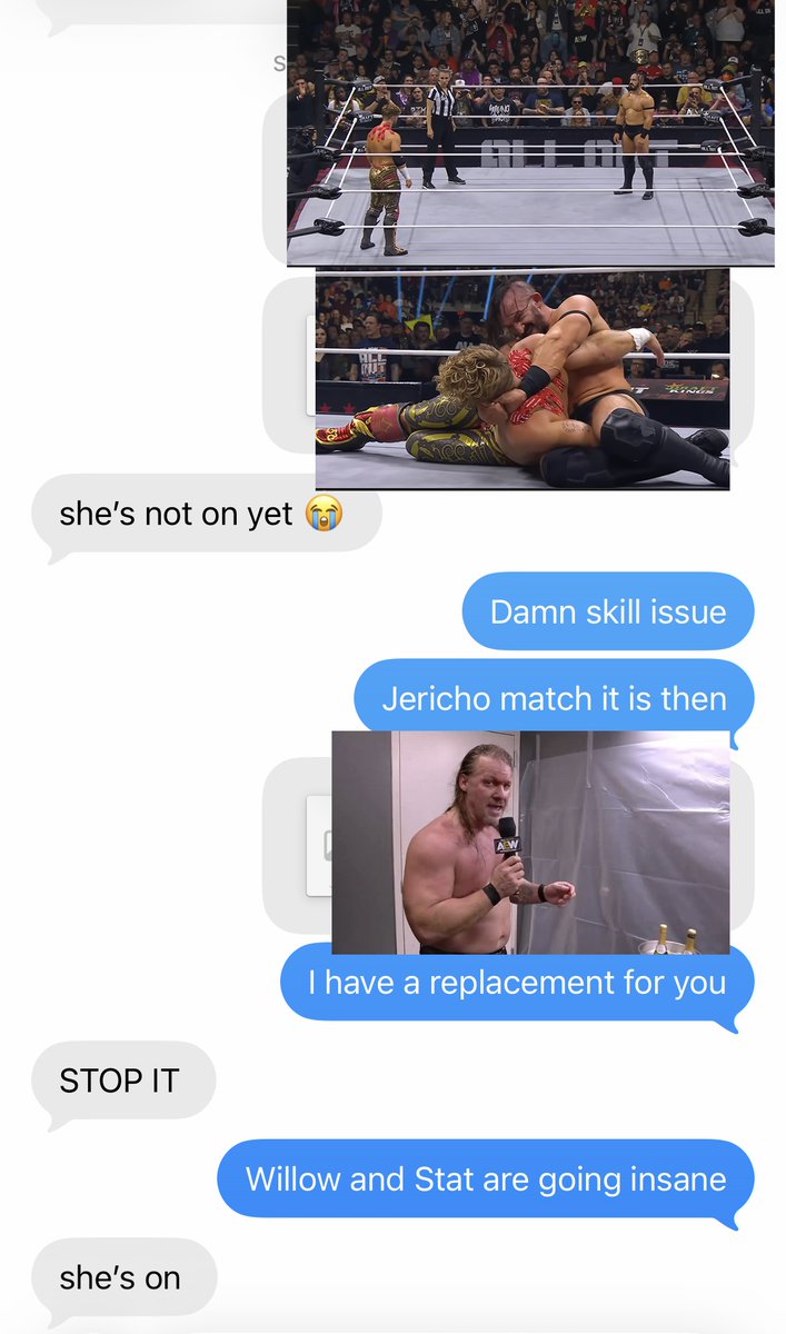 CamUrbowicz32's tweet photo. Storytime: Haleigh had asked me to send her a photo of a match going on during all out at the Kacey Musgraves concert

And she specifically requested Pac versus Ospreay because she knew how good that match was gonna be

The text is broken, but this is what it basically was https://t.co/6ncXyITS0s