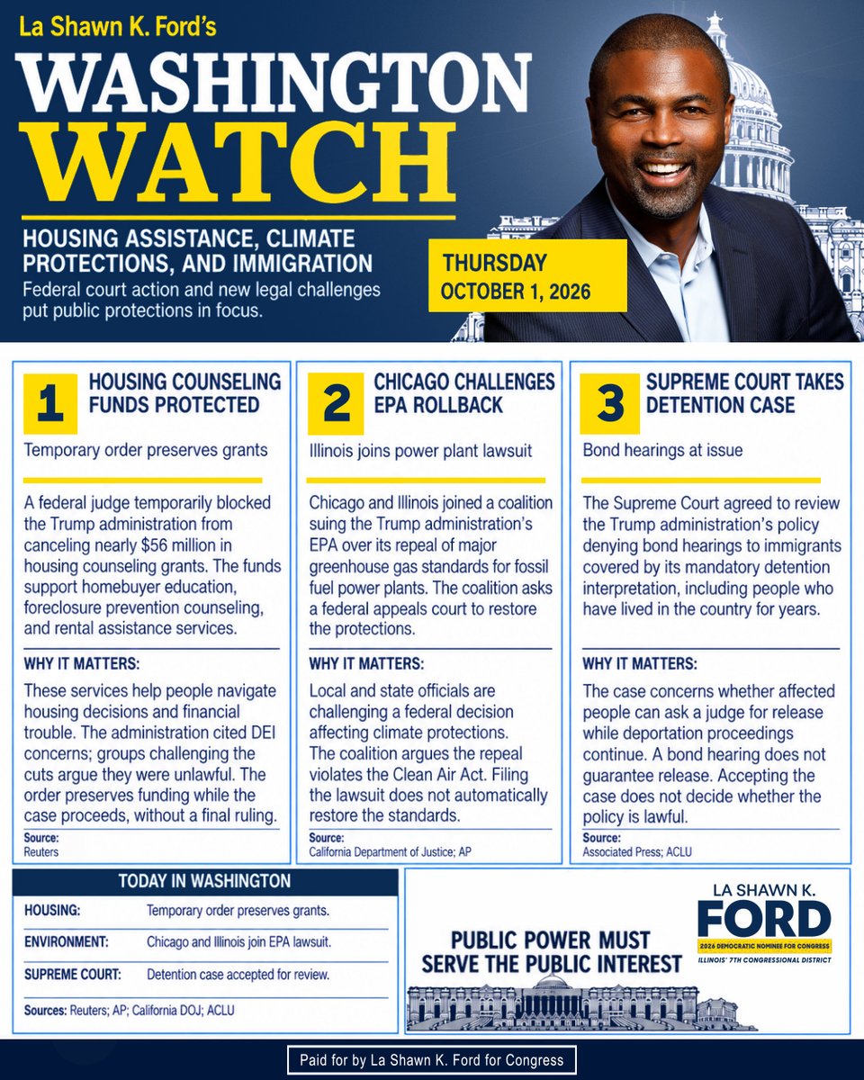 ford4congress's tweet photo. Housing counseling funds temporarily protected. Chicago challenges EPA’s climate rollback. Supreme Court takes up immigration bond hearings.

Housing stability, climate protections, and due process deserve federal action.

#WashingtonWatch #FordForCongress #IL07 https://t.co/BSqWEe9xSQ